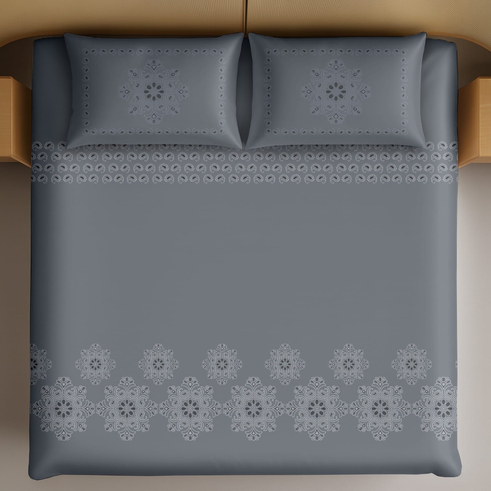 Thread Square Dark Grey Floral Mandala Pattern King Size Cotton Bedsheet With 2 Pillow Covers-M.R. Saree Emporium
