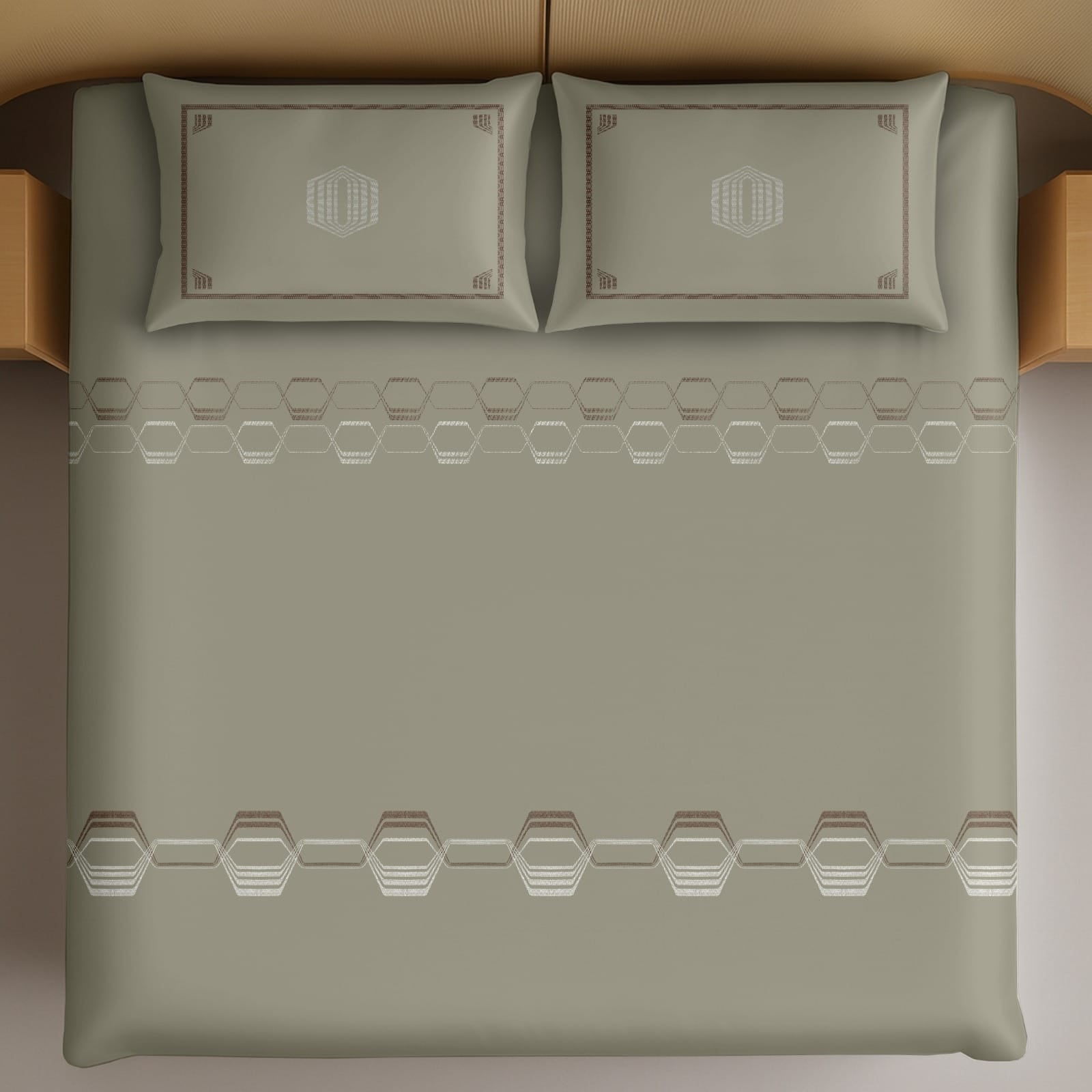 Thread Square Olive Grey Hexagon Pattern King Size Cotton Bedsheet With 2 Pillow Covers-M.R. Saree Emporium