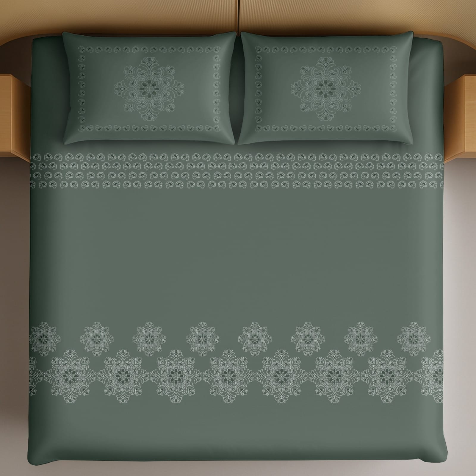 Thread Square Dark Green Floral Mandala Pattern King Size Cotton Bedsheet With 2 Pillow Covers-M.R. Saree Emporium