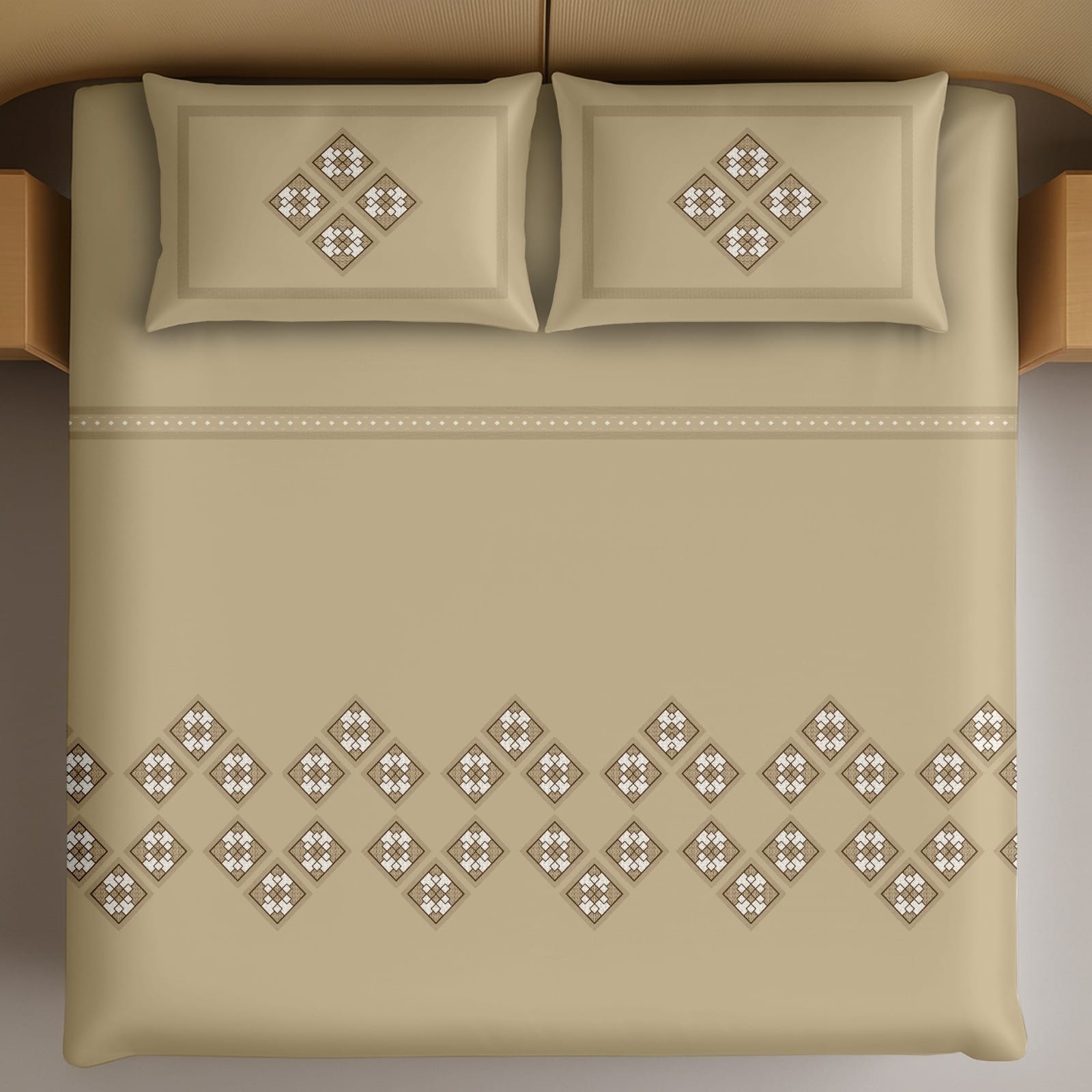 Thread Square Beige Geometric Border Pattern King Size Cotton Bedsheet With 2 Pillow Covers-M.R. Saree Emporium
