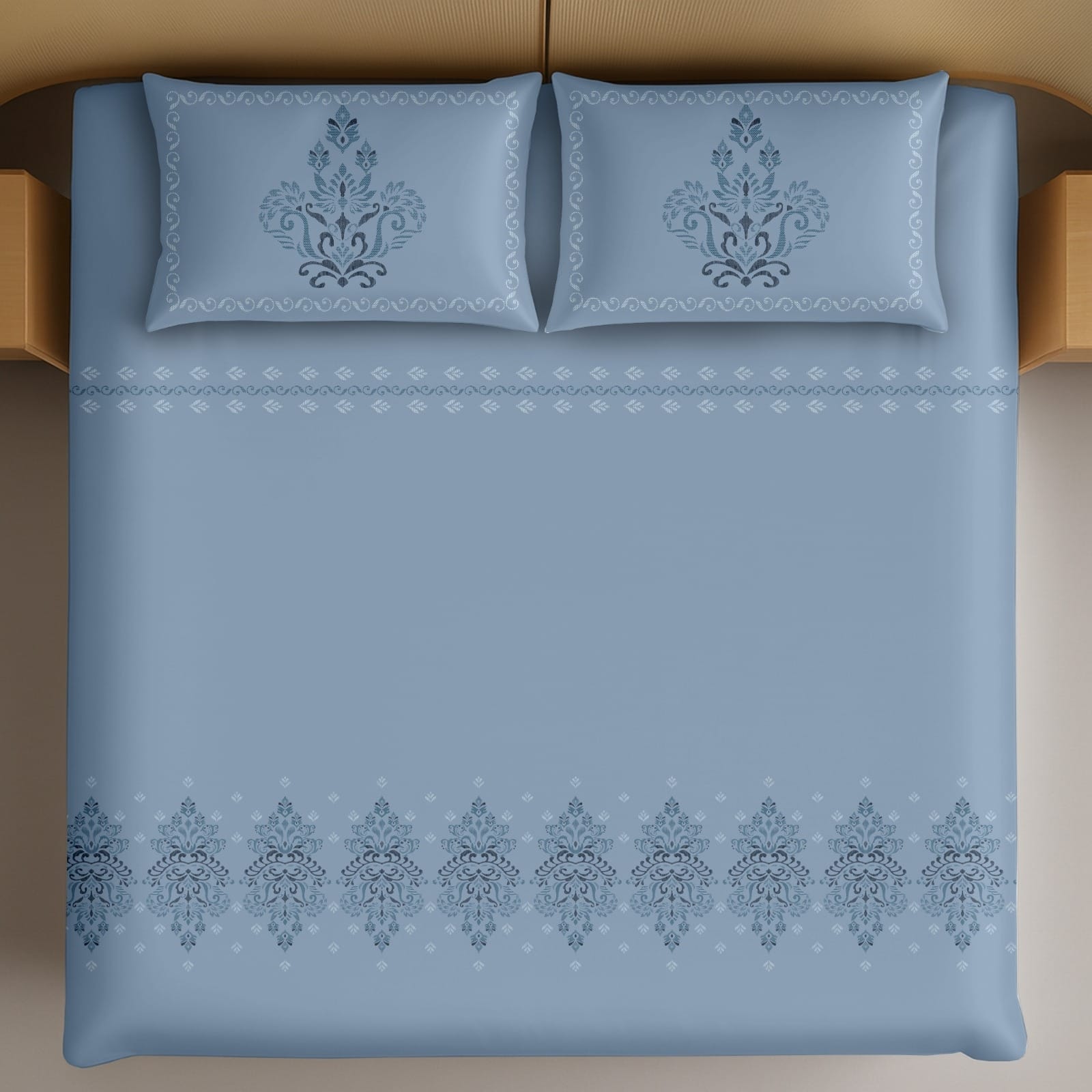 Thread Square Sky Blue Floral Ethnic Pattern King Size Cotton Bedsheet With 2 Pillow Covers-M.R. Saree Emporium