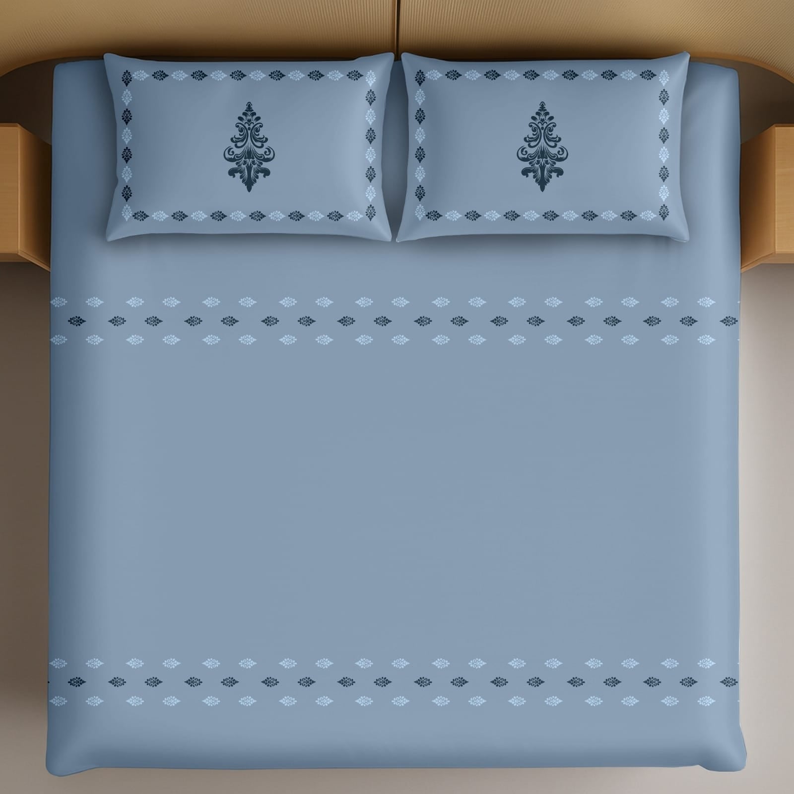 Thread Square Steel Blue Ethnic Motif Pattern King Size Cotton Bedsheet With 2 Pillow Covers-M.R. Saree Emporium