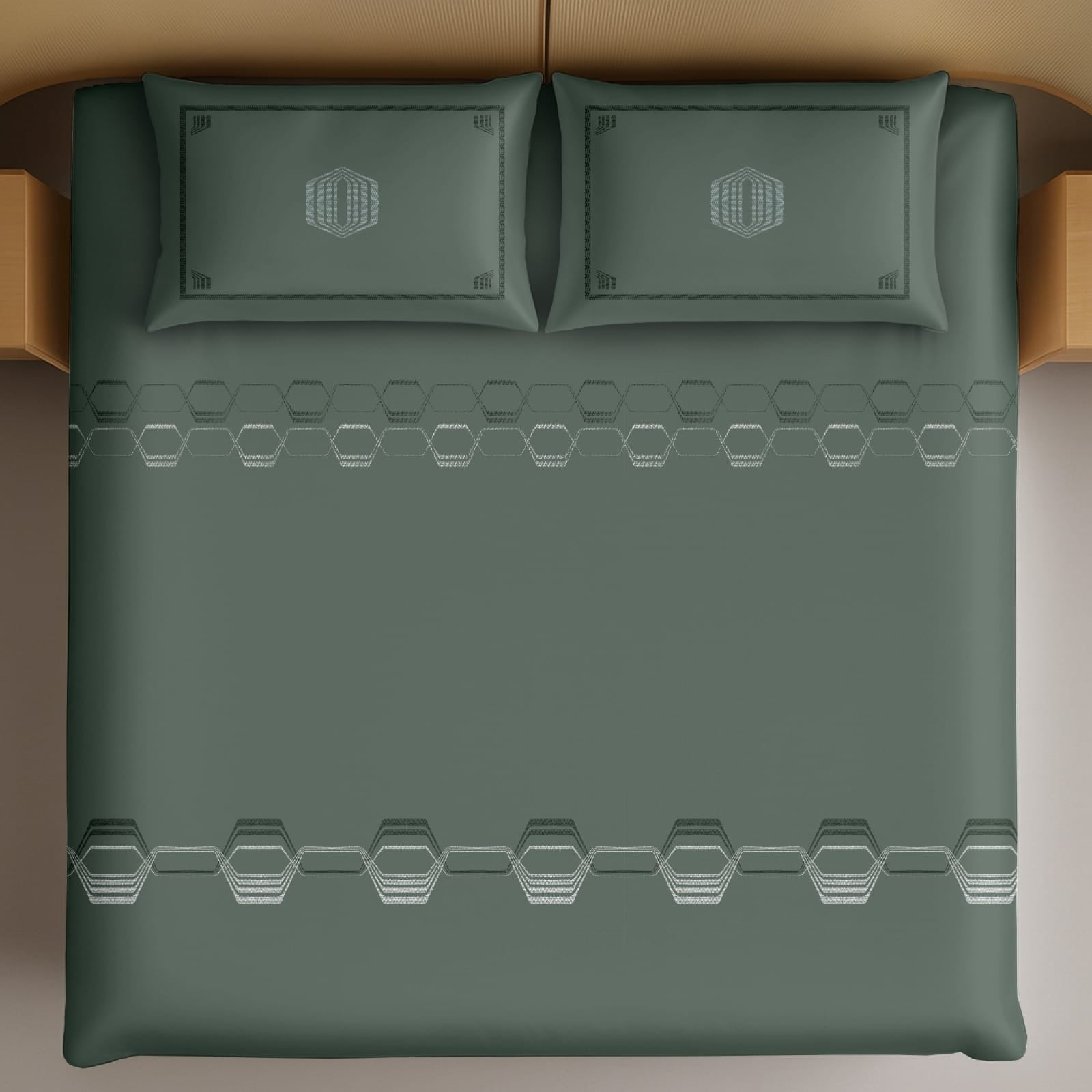 Thread Square Olive Green Hexagon Geometric Pattern King Size Cotton Bedsheet With 2 Pillow Covers-M.R. Saree Emporium