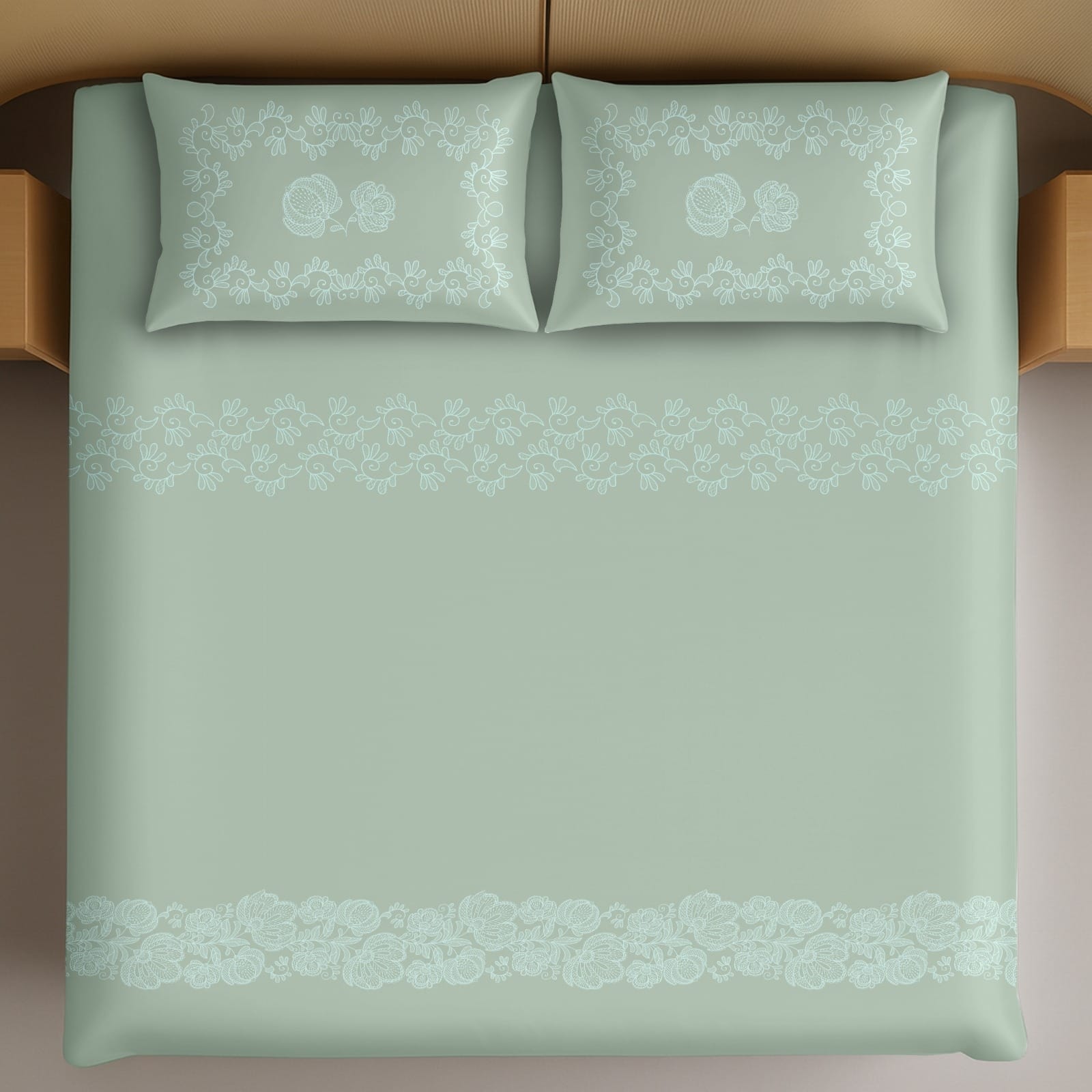 Thread Square Mint Green Floral Lace Border Pattern King Size Cotton Bedsheet With 2 Pillow Covers-M.R. Saree Emporium