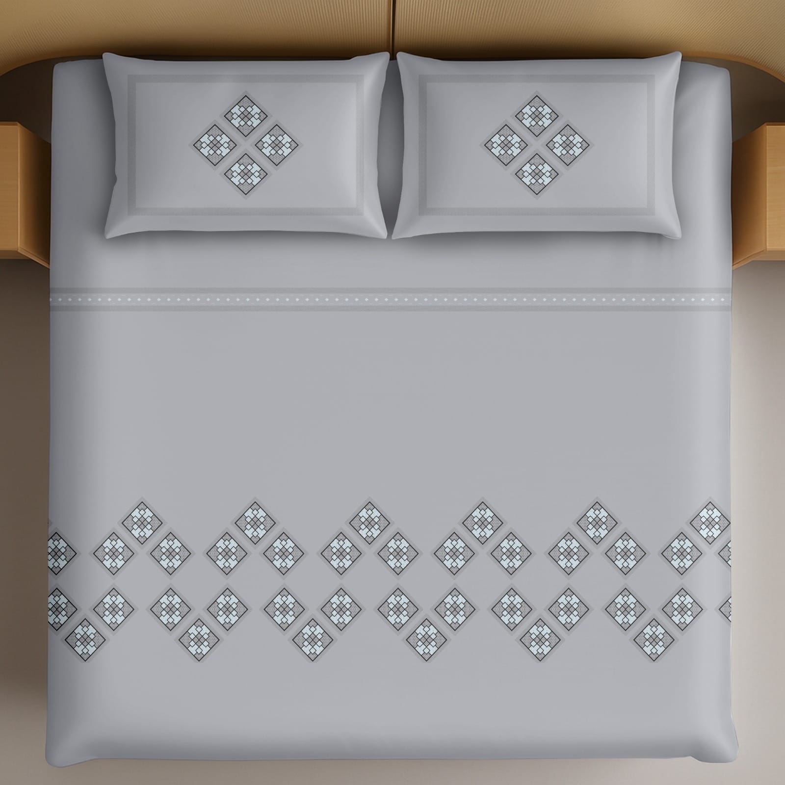 Thread Square Light Grey Floral Lace Border Pattern King Size Cotton Bedsheet With 2 Pillow Covers-M.R. Saree Emporium