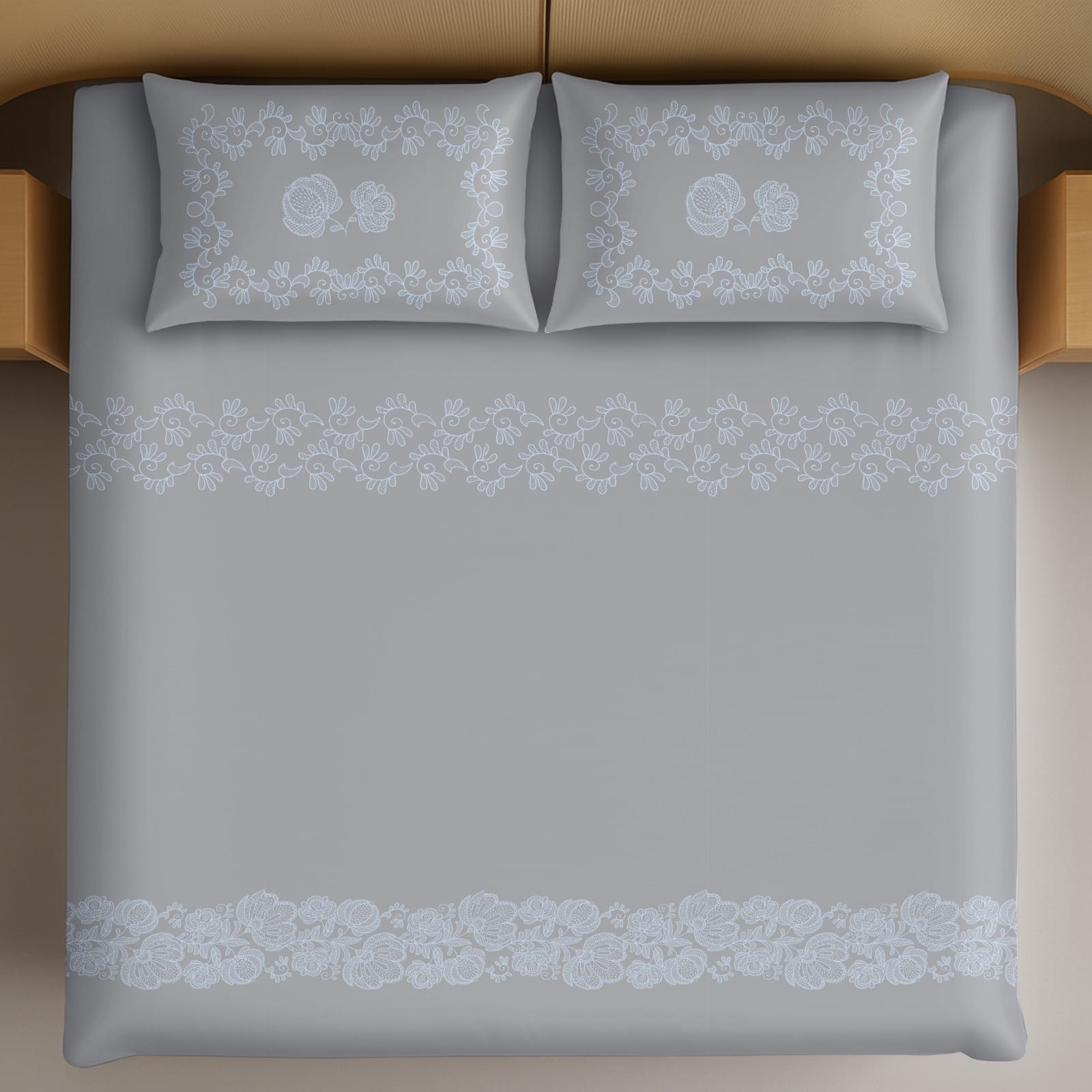 Thread Square Light Grey Floral Lace Border Pattern King Size Cotton Bedsheet With 2 Pillow Covers-M.R. Saree Emporium