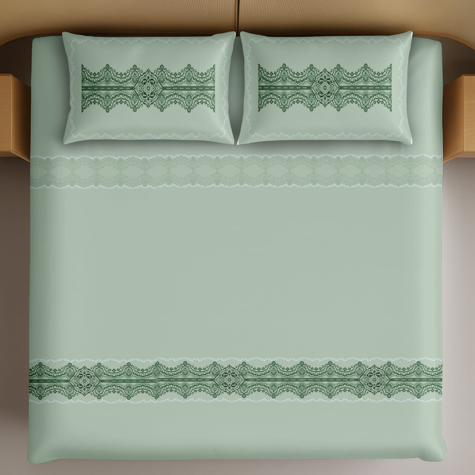 Thread Square Sage Green Floral Lace Border Pattern King Size Cotton Bedsheet With 2 Pillow Covers-M.R. Saree Emporium