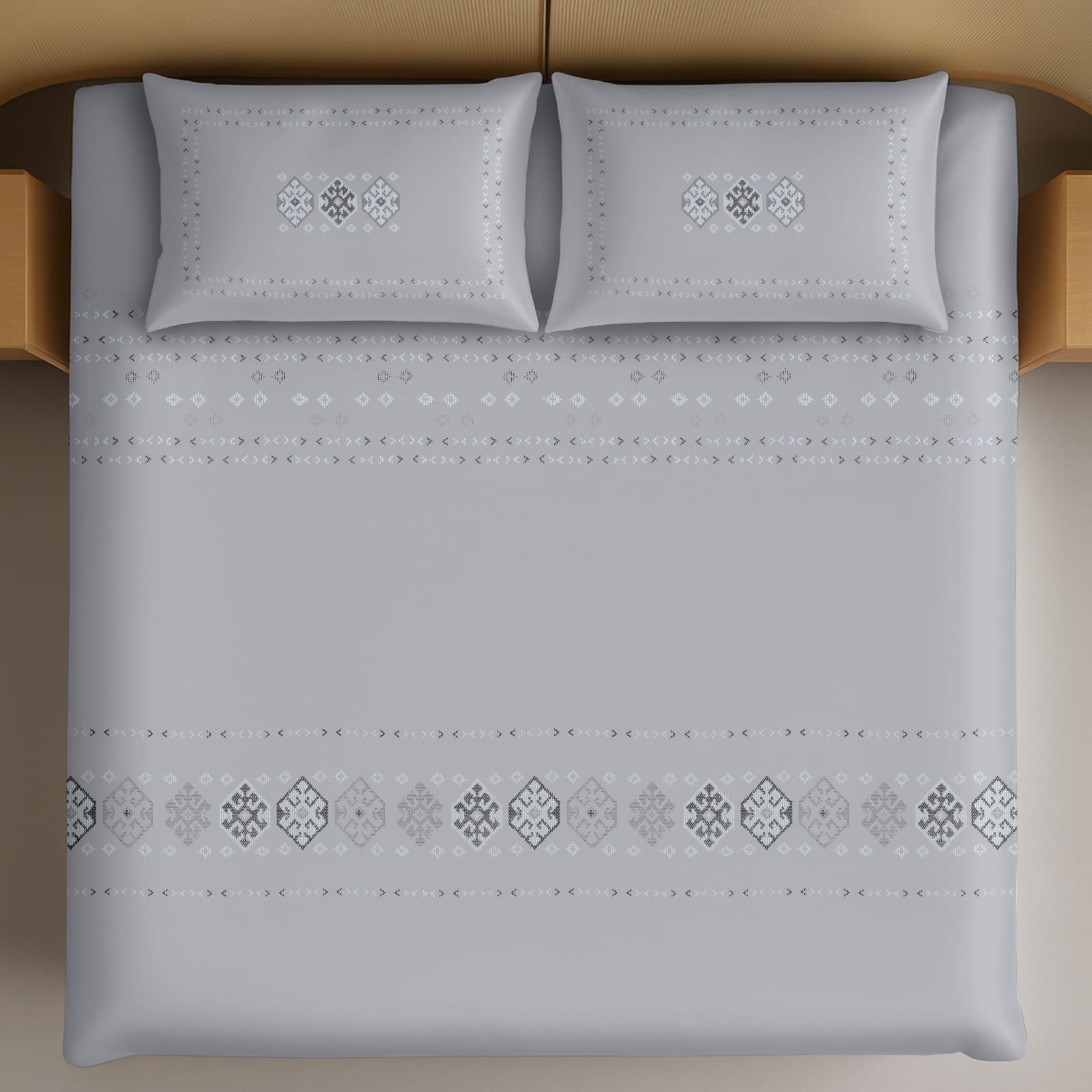 Thread Square Silver Grey Ethnic Geometric Pattern King Size Cotton Bedsheet With 2 Pillow Covers-M.R. Saree Emporium