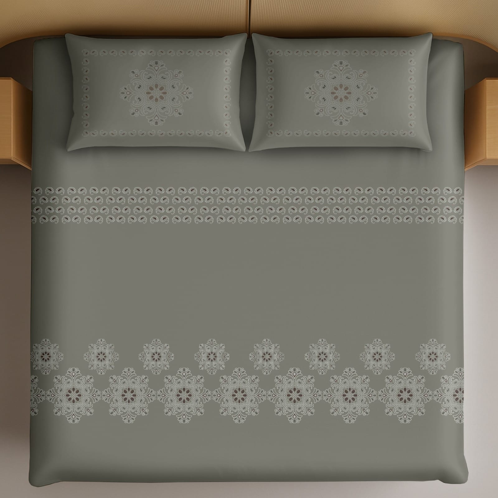 Thread Square Ash Grey Floral Ethnic Pattern King Size Cotton Bedsheet With 2 Pillow Covers-M.R. Saree Emporium
