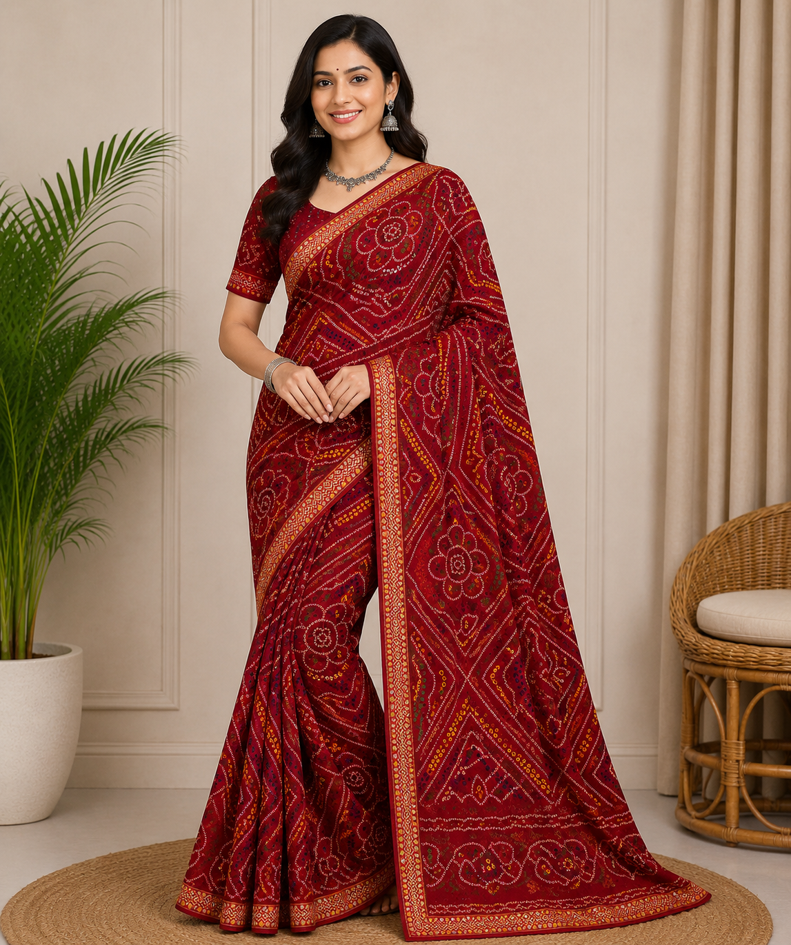 Latest Bandhani Chiffon Saree - Designer Floral Print 6 Pcs Wholesale Set