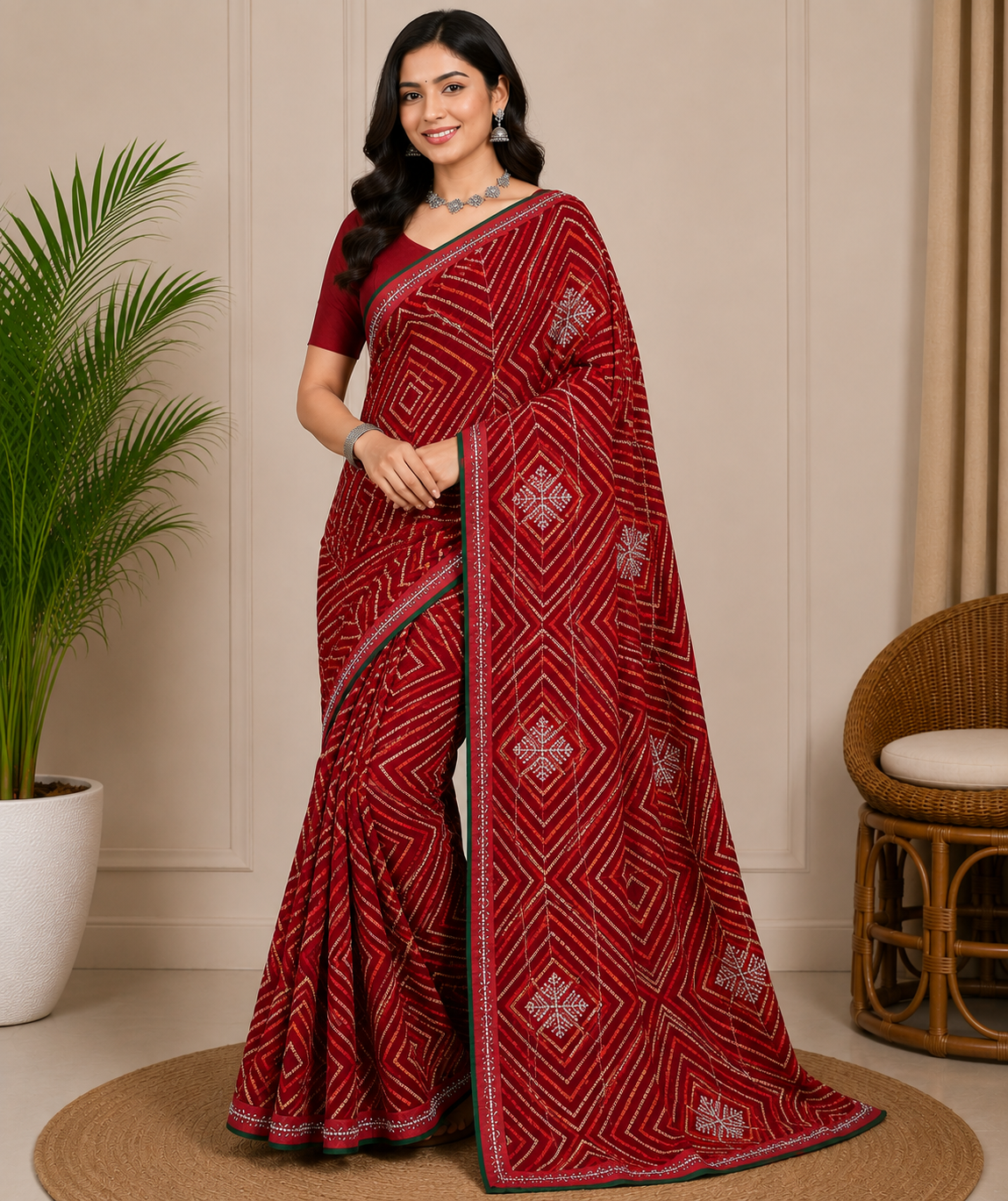 Latest Bandhani Chiffon Saree - Designer Printed Party Wear 6 Pcs Set
