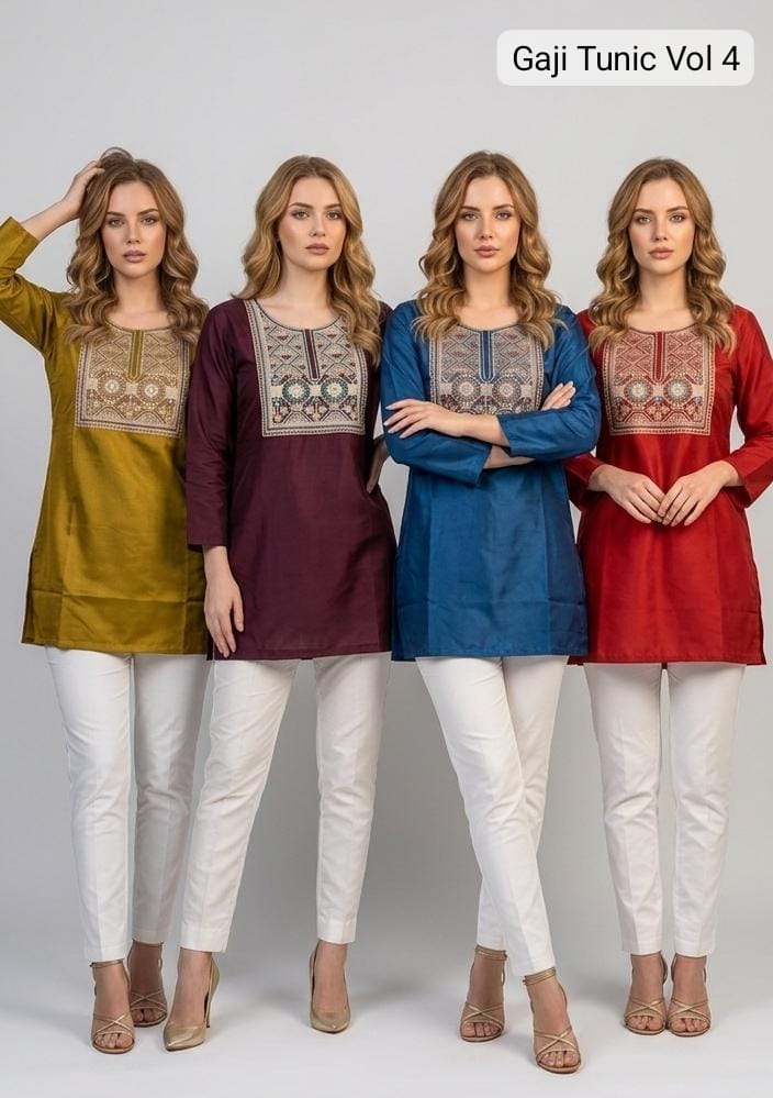Gaji Silk Tunic Vol 4 Embroidered Women's Tunic Top L-XXL - 4 Pcs Set