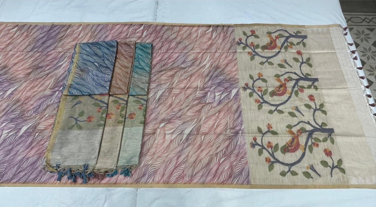 UVS Tarang Silk Linen Saree Set - Leaf Pattern Design - Bird Motif Pallu - Elegant Border - 4 Pcs Set - M.R. Saree Emporium