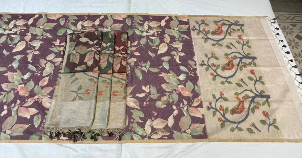 UVS Tarang Silk Linen Saree Set - Leaf Print Design - Bird Motif Pallu - Elegant Border - 4 Pcs Set - M.R. Saree Emporium