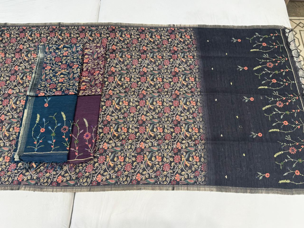 UVS SWAR Silk Linen Saree Set - Floral Print Design - Embroidered Style Pallu - Elegant Border - 3 Pcs Set - M.R. Saree Emporium