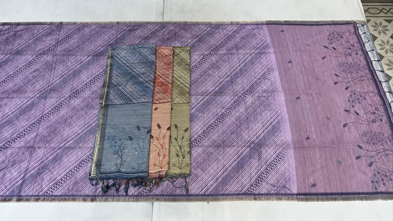 UVS SWAR Silk Linen Saree Set - Diagonal Pattern Design - Minimal Floral Pallu - Elegant Border - 4 Pcs Set - M.R. Saree Emporium