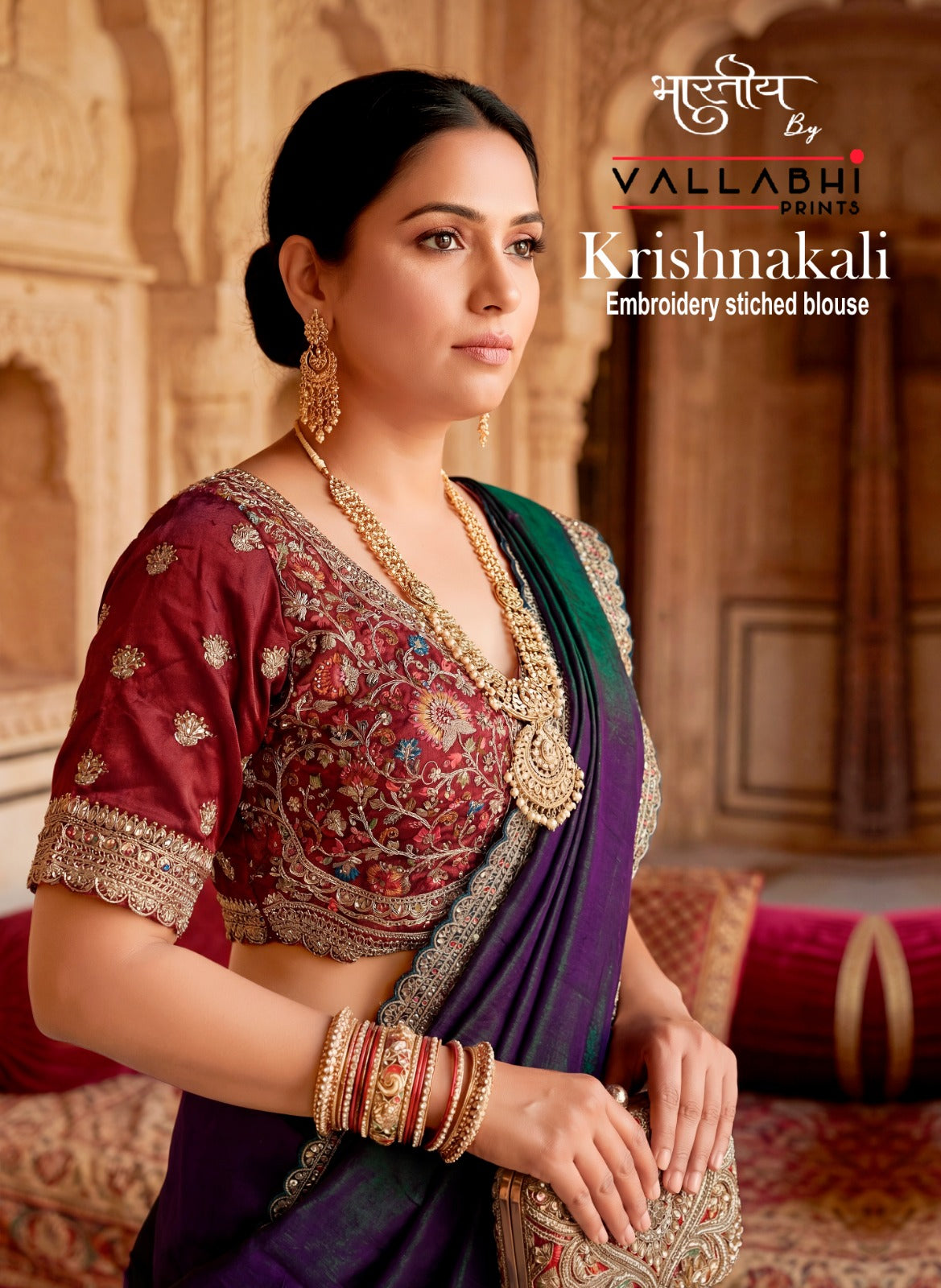 Vallabhi Prints Krishnakali Fancy Saree with Embroidery Stitched Ready Blouse – M.R. Saree Emporium (4 Pcs Set)