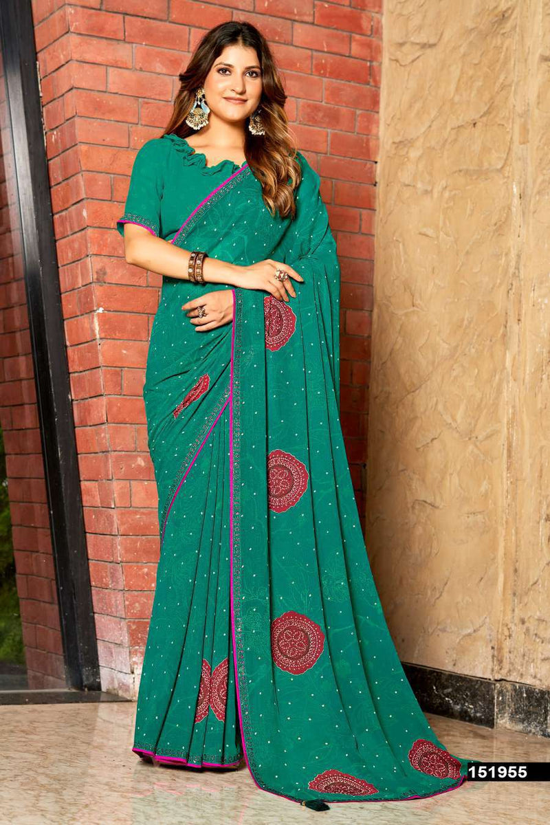 Vedakshi Fancy Print Saree – Swarovski Work M.R. Saree Emporium