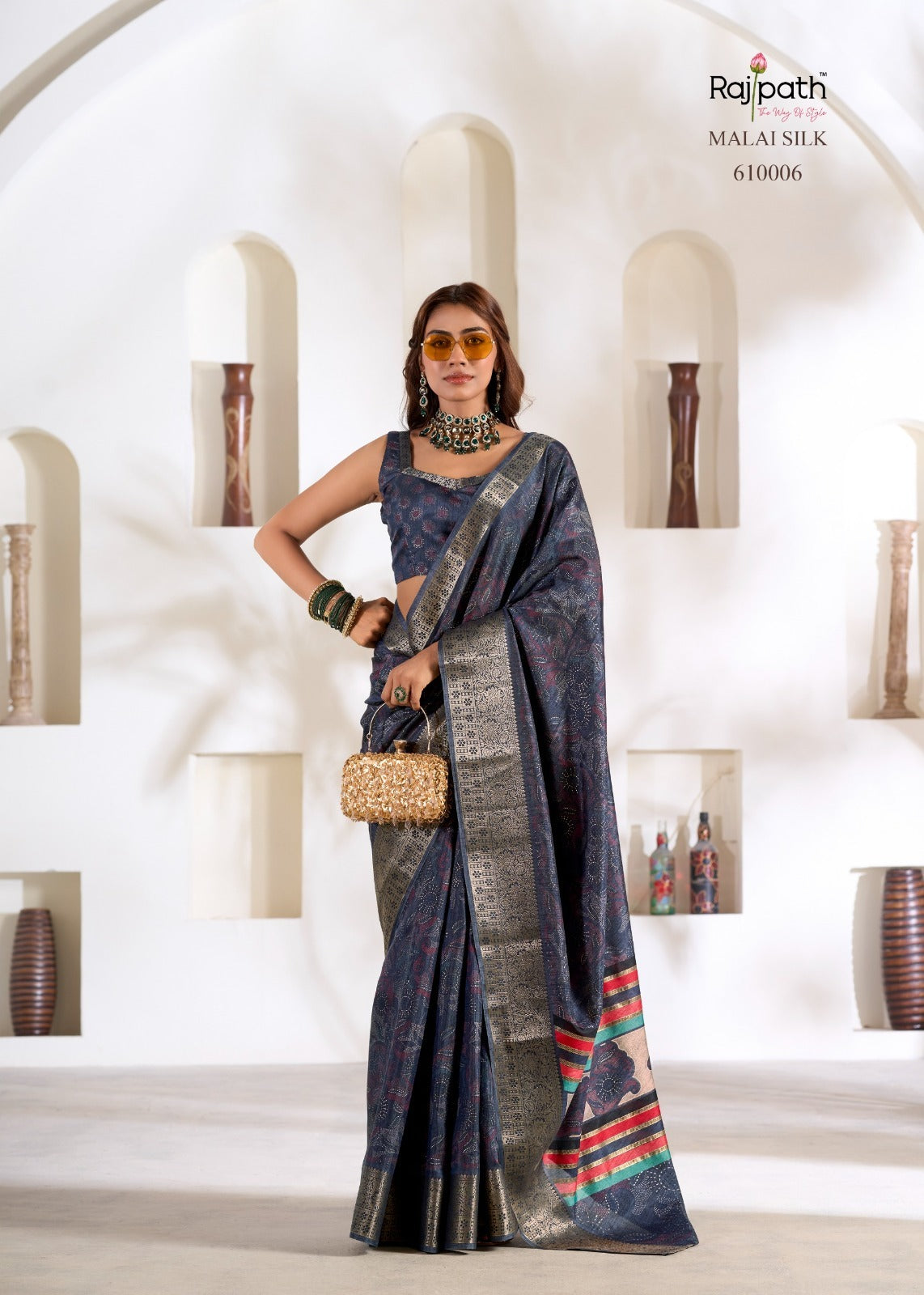 RajPath Fabrics Violet Silk 6 Pcs Set Soft Dola Silk Saree