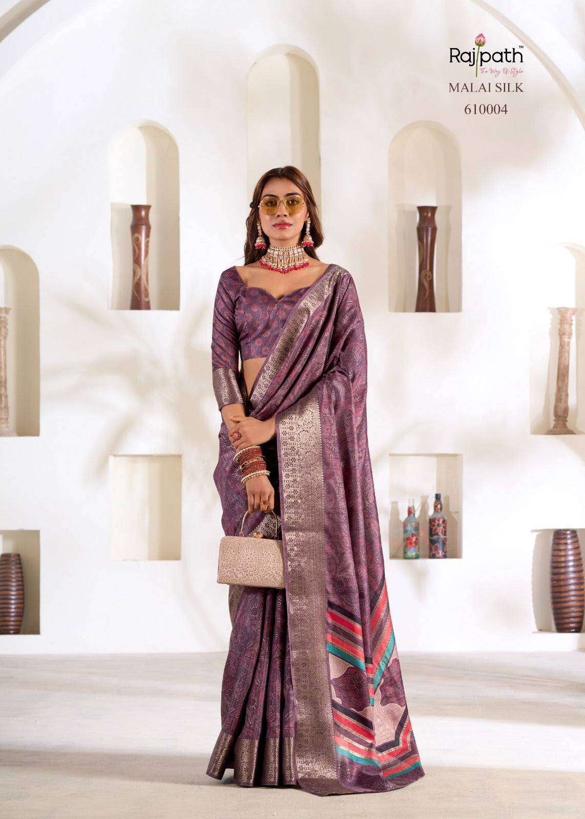 RajPath Fabrics Violet Silk 6 Pcs Set Soft Dola Silk Saree