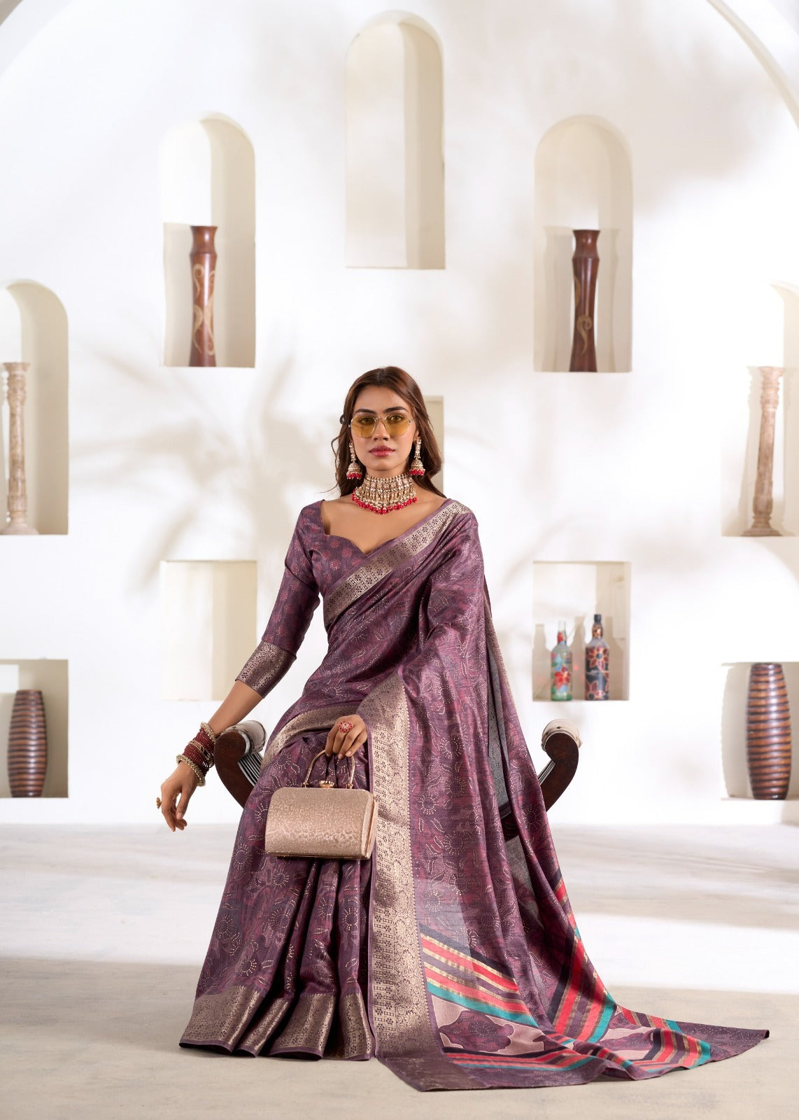 RajPath Fabrics Violet Silk 6 Pcs Set Soft Dola Silk Saree
