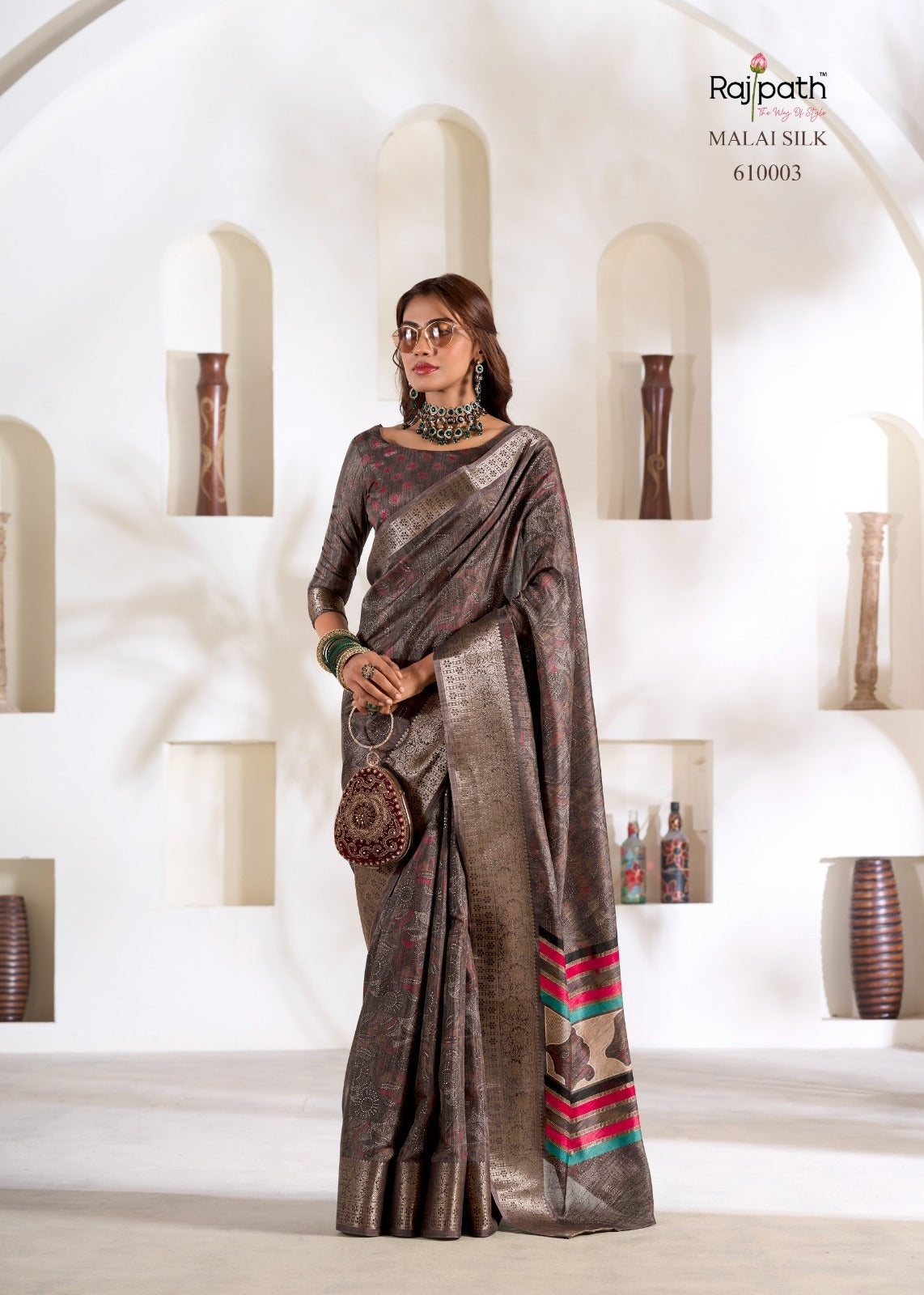 RajPath Fabrics Violet Silk 6 Pcs Set Soft Dola Silk Saree