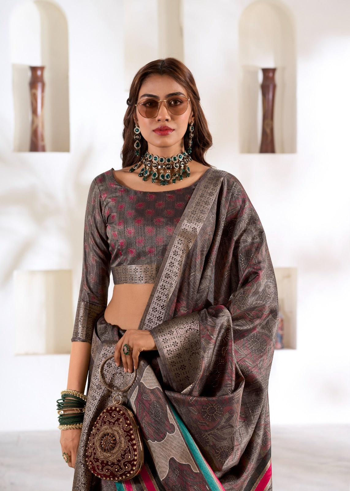 RajPath Fabrics Violet Silk 6 Pcs Set Soft Dola Silk Saree