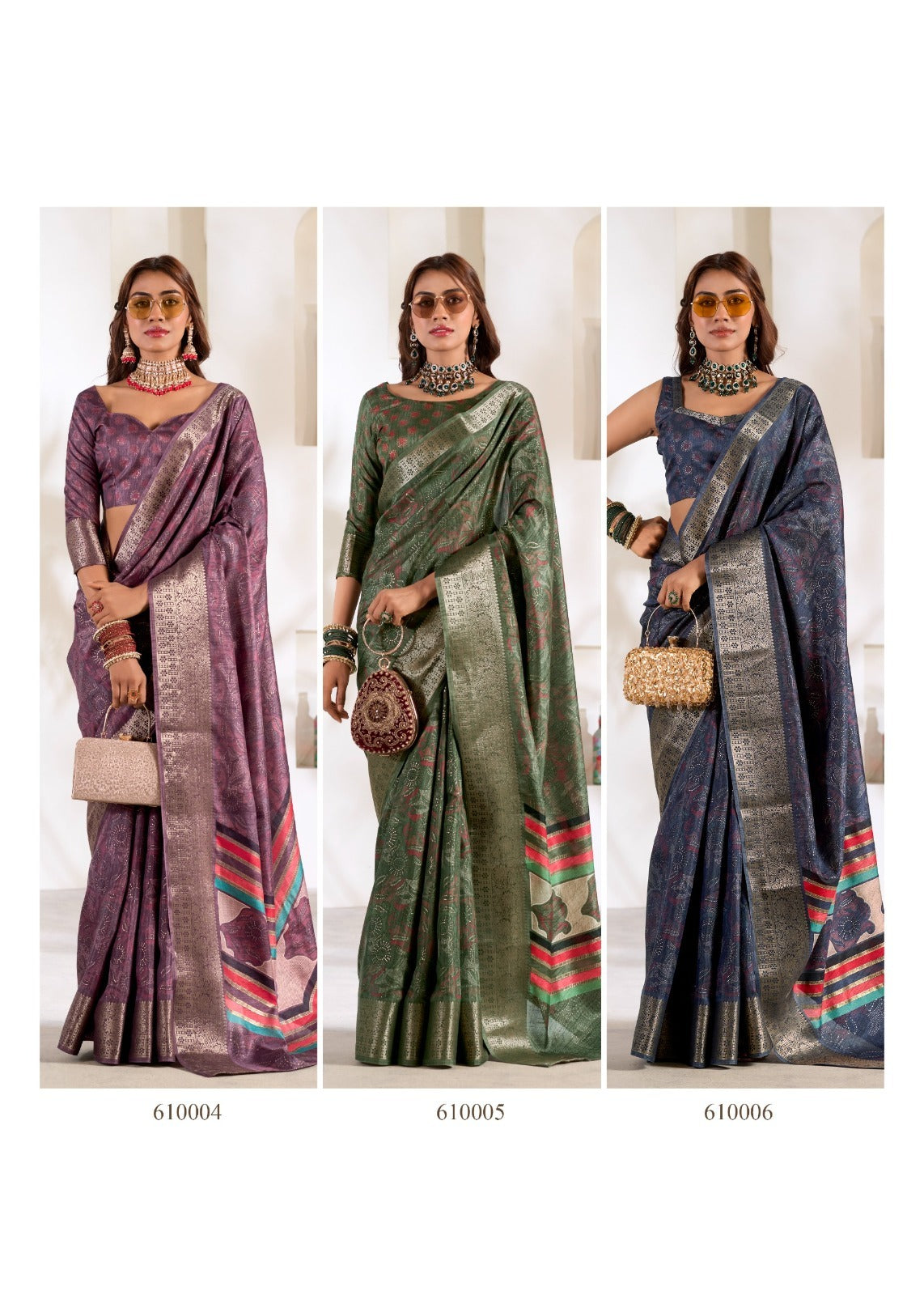 RajPath Fabrics Violet Silk 6 Pcs Set Soft Dola Silk Saree