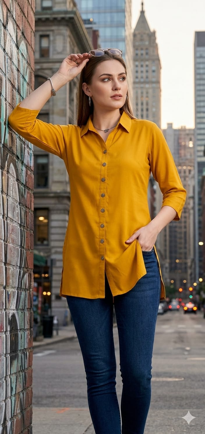 D No 108 Women Rayon Shirt Kurti Top - Casual Button Tunic