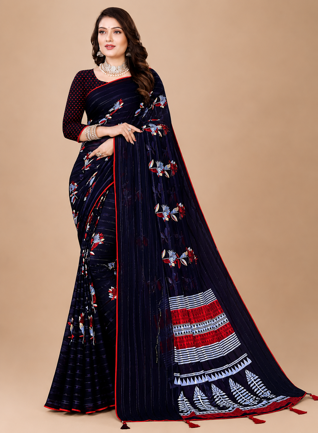 Navy Blue Floral Printed Georgette Saree with Tassel Pallu