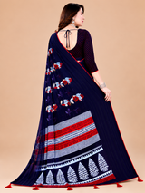 Navy Blue Floral Printed Georgette Saree with Tassel Pallu