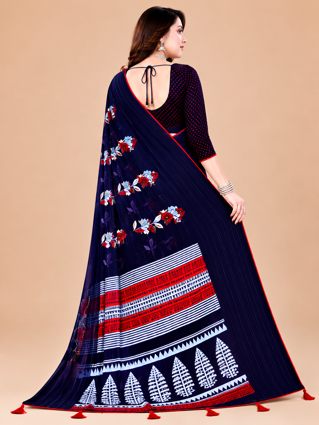 Navy Blue Floral Printed Georgette Saree with Tassel Pallu