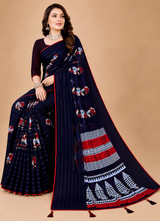Navy Blue Floral Printed Georgette Saree with Tassel Pallu