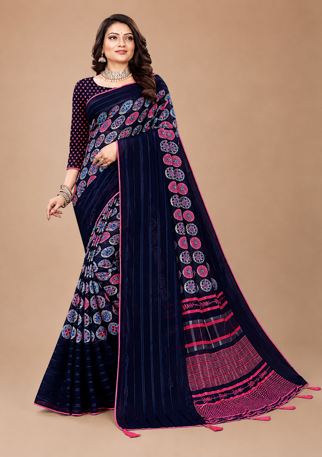 Navy Blue Geometric Printed Georgette Saree with Tassel Pallu