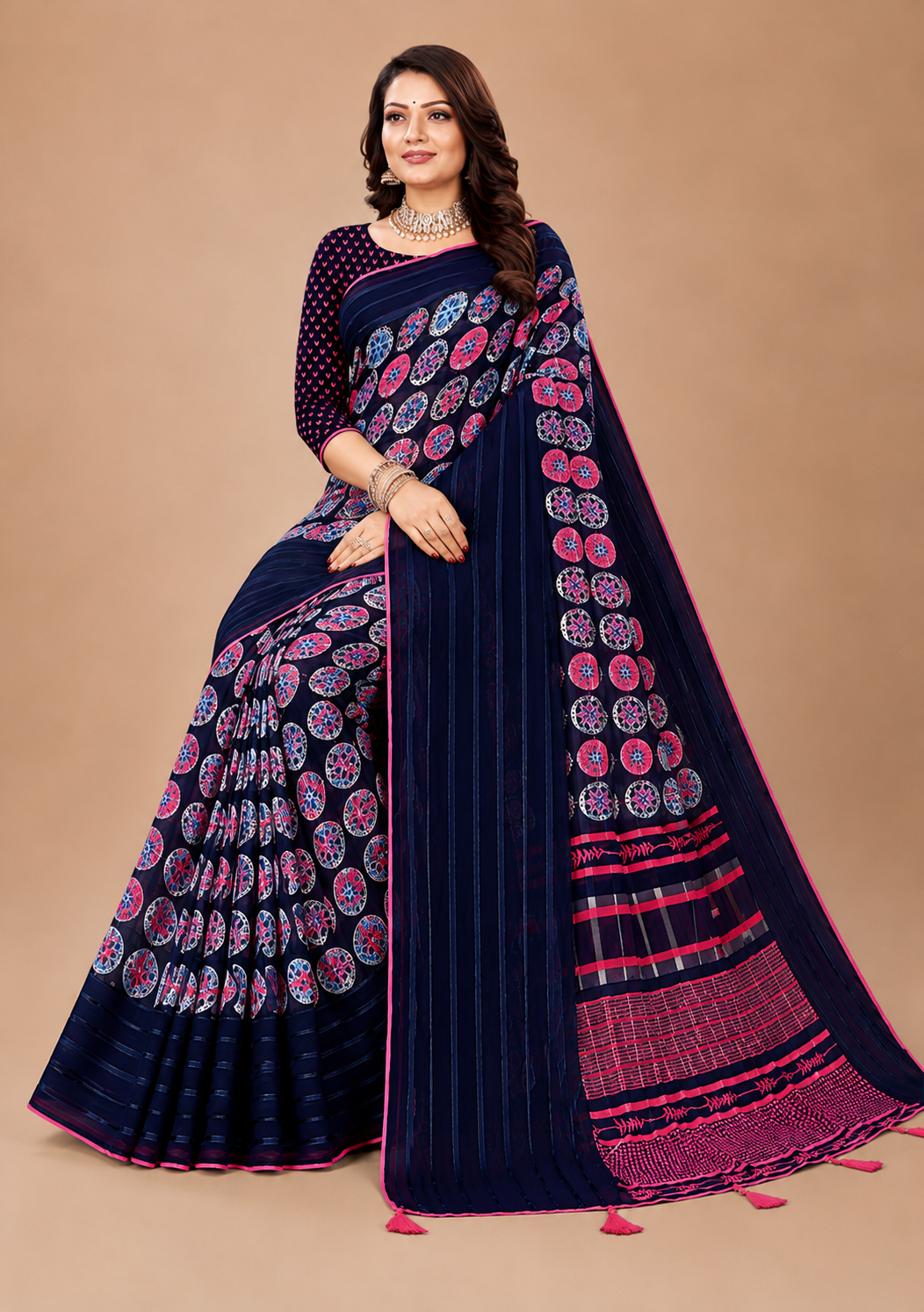 Navy Blue Geometric Printed Georgette Saree with Tassel Pallu
