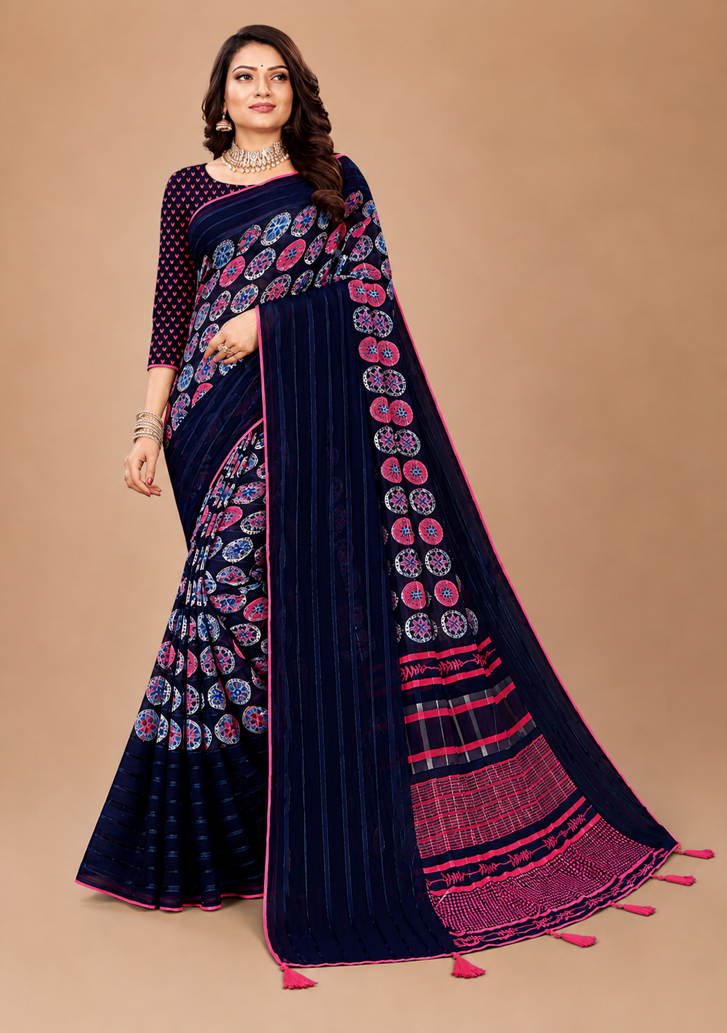 Navy Blue Geometric Printed Georgette Saree with Tassel Pallu