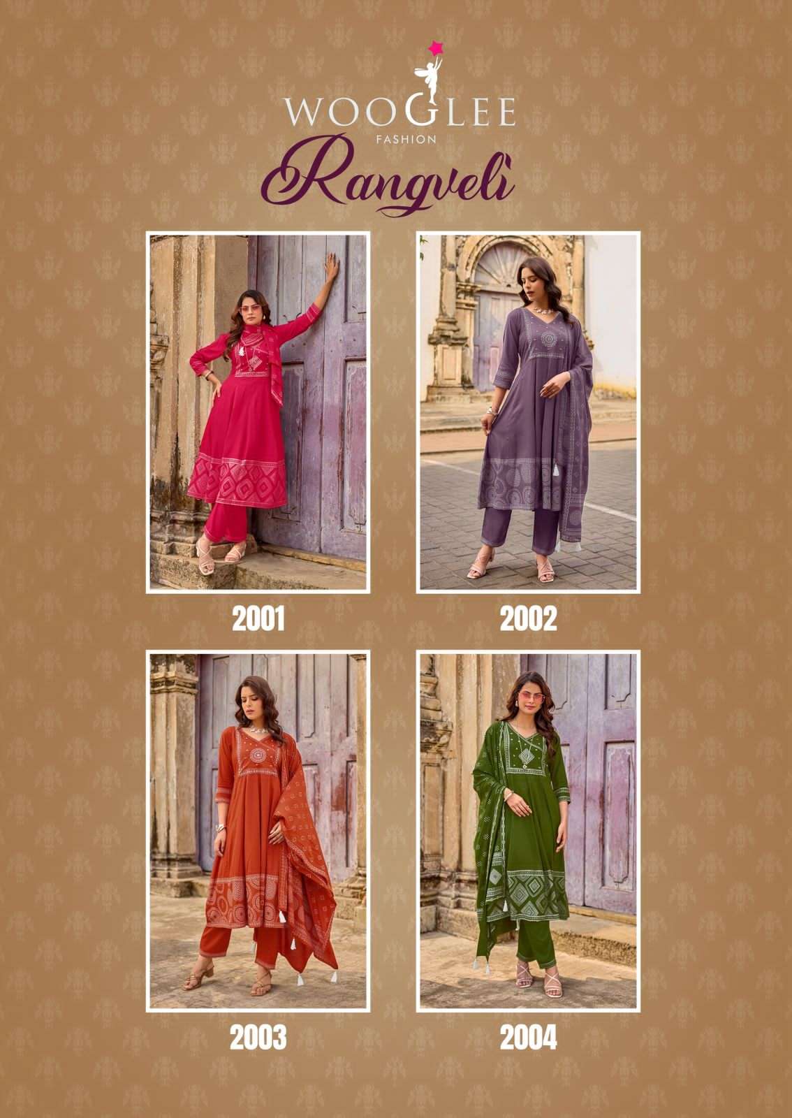 Wooglee Rangveli Rayon Handwork Kurti Pant Dupatta Set 4 PCS