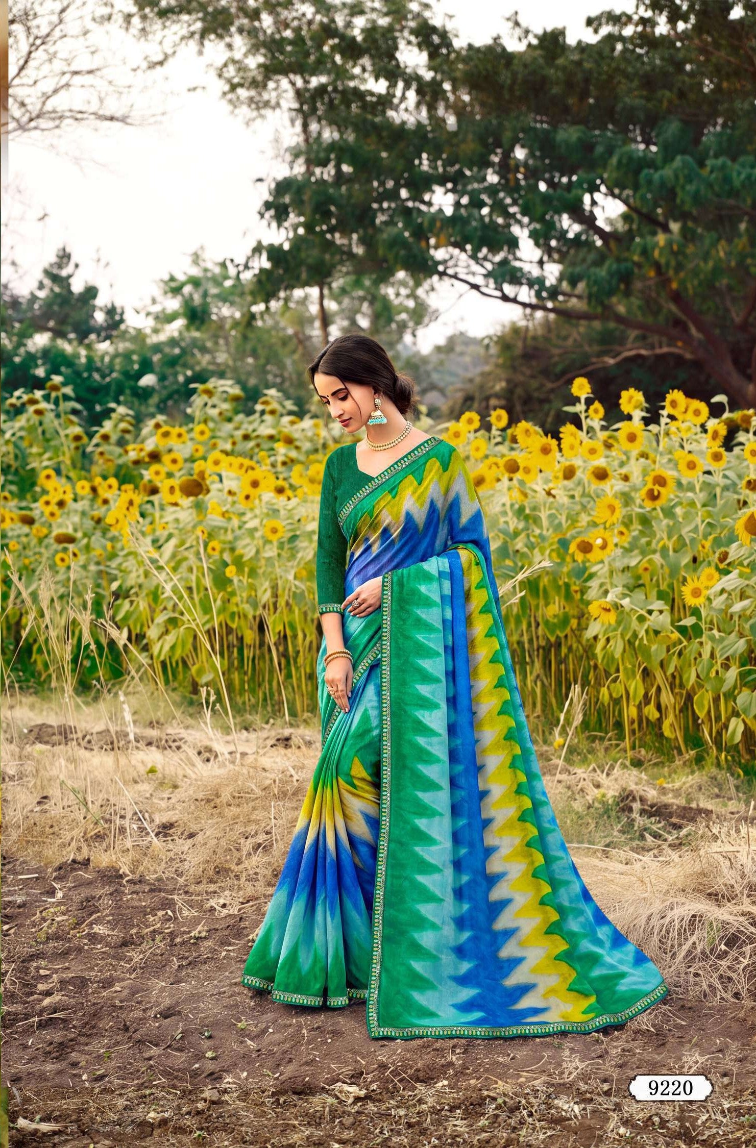 Yamini-2 Designer Saree with Contrast Border - 8 Pcs Set