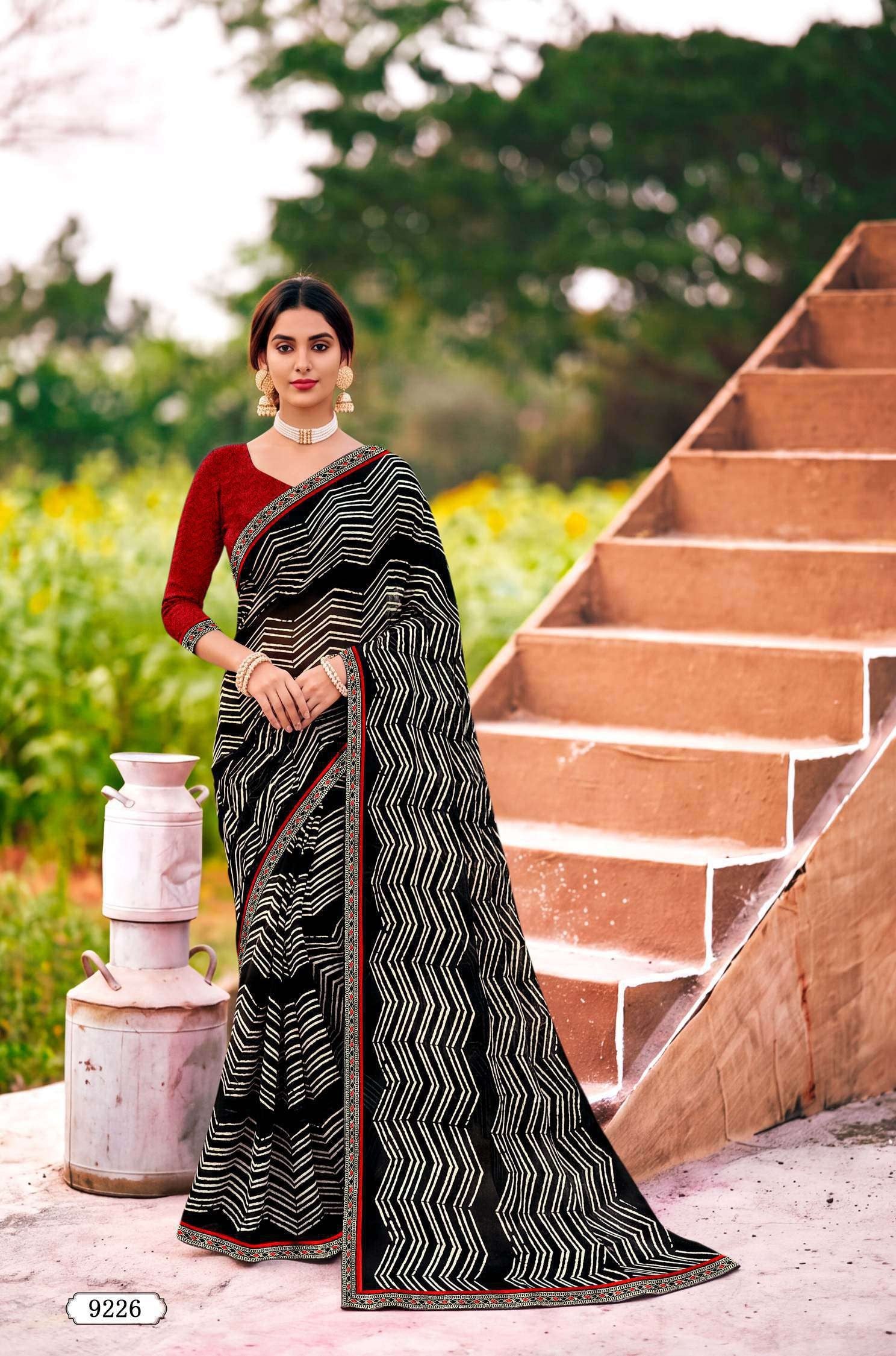 Yamini-2 Designer Saree with Contrast Border - 8 Pcs Set