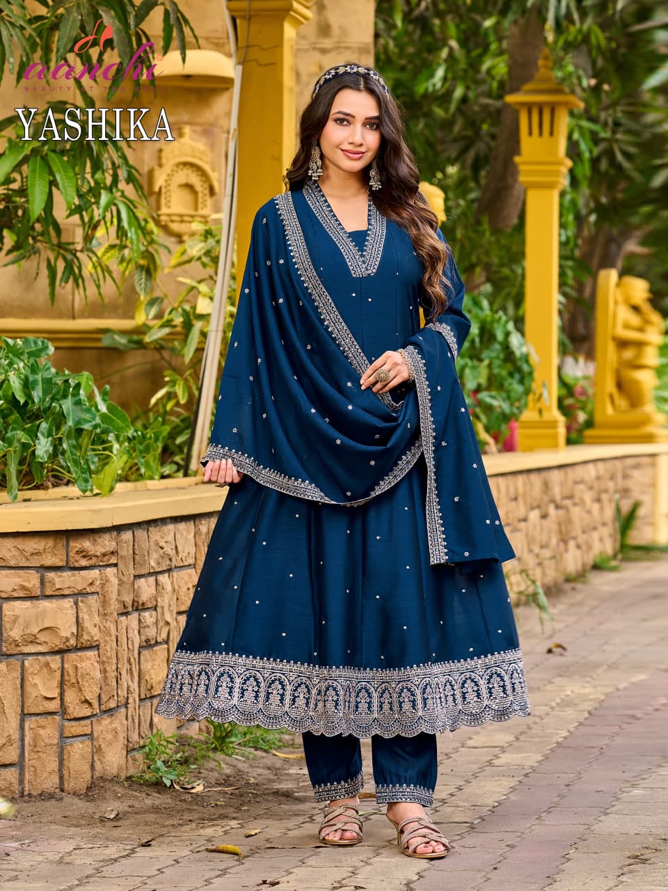 AANCHI Yashika Vichitra Silk Kurti Set with Embroidered Dupatta - 4 Pcs Set