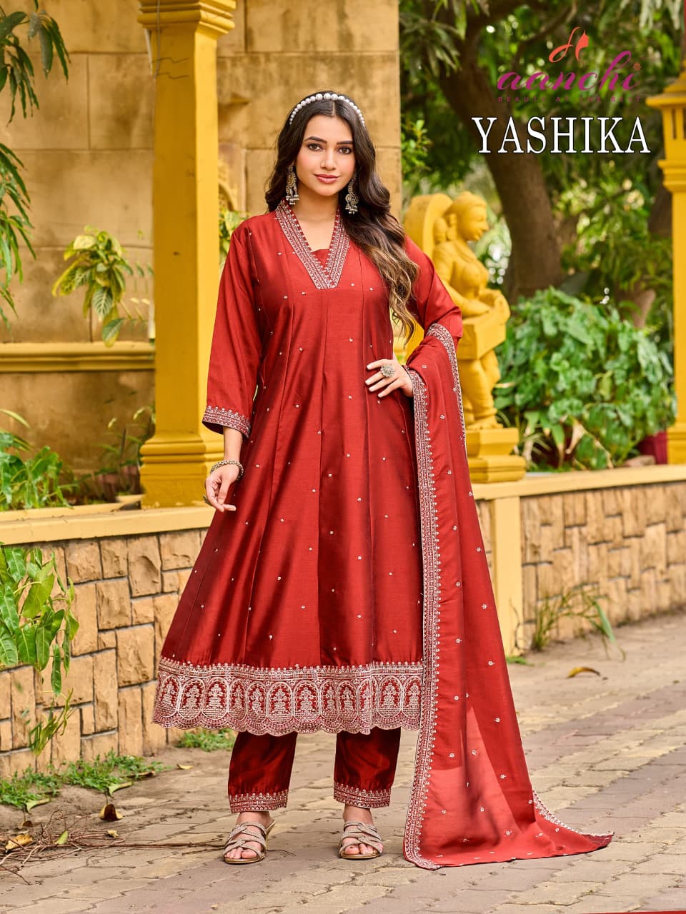 AANCHI Yashika Vichitra Silk Kurti Set with Embroidered Dupatta - 4 Pcs Set