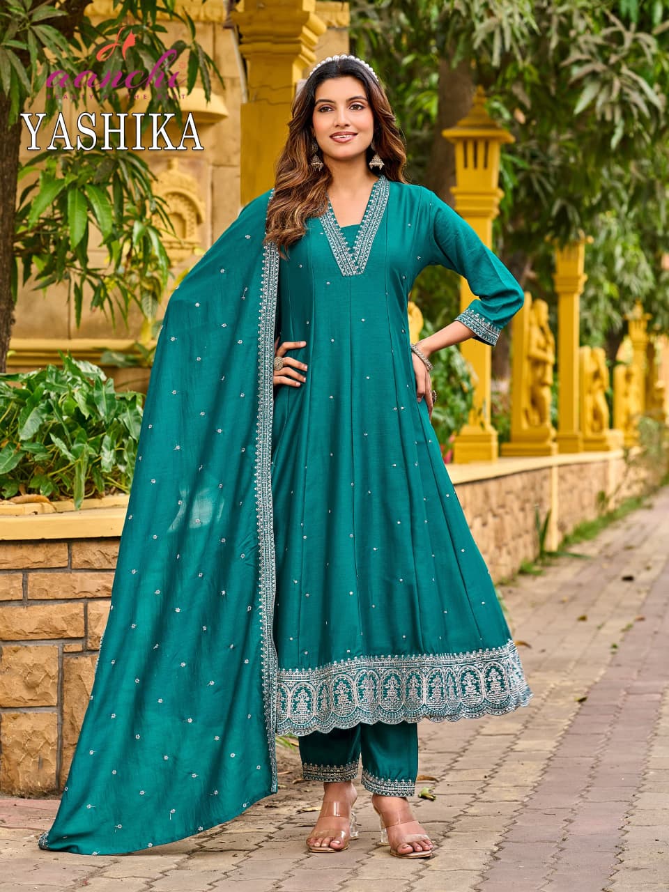 AANCHI Yashika Vichitra Silk Kurti Set with Embroidered Dupatta - 4 Pcs Set