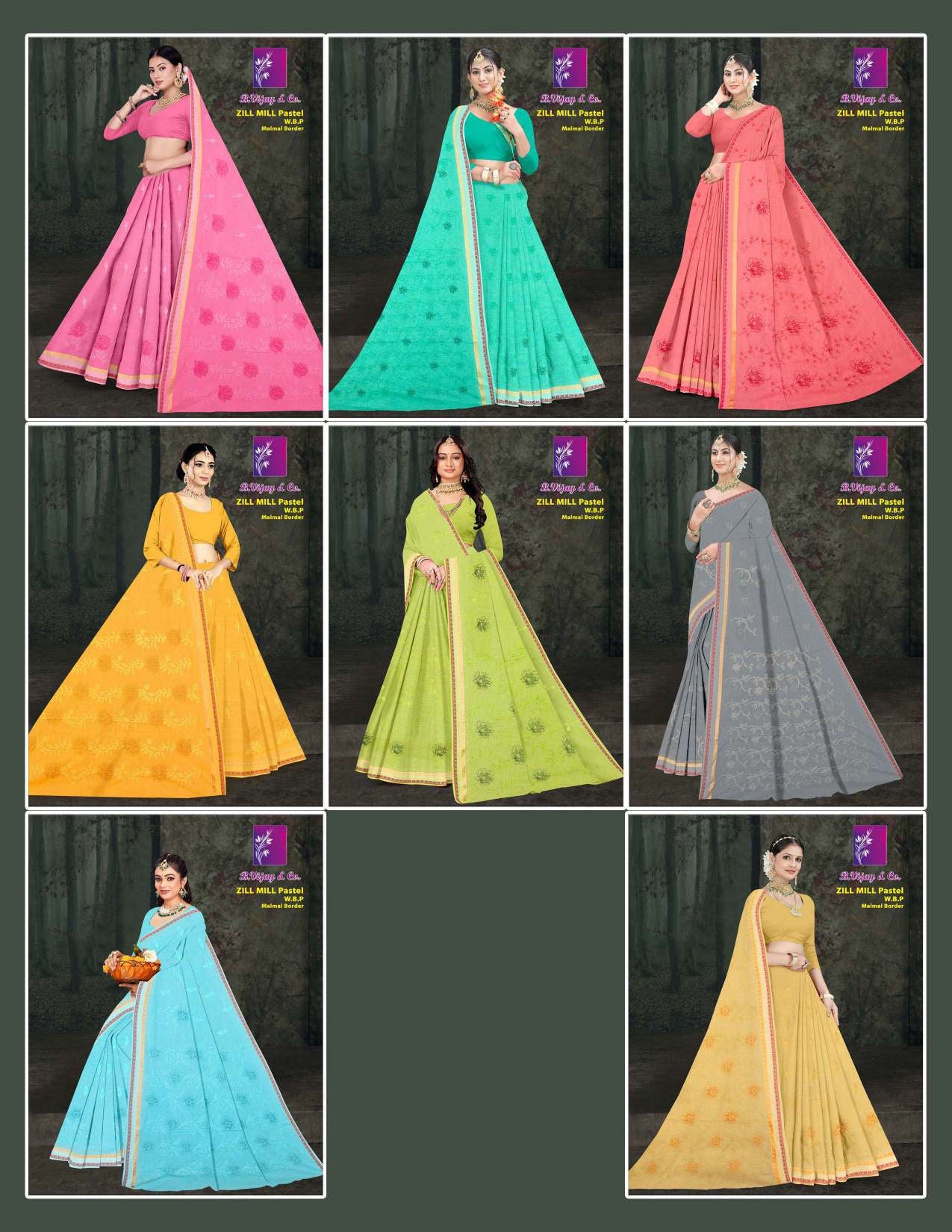 B. Vijay & Co. Zill Mill Pastel Cotton Saree Collection - 8 Pcs Set