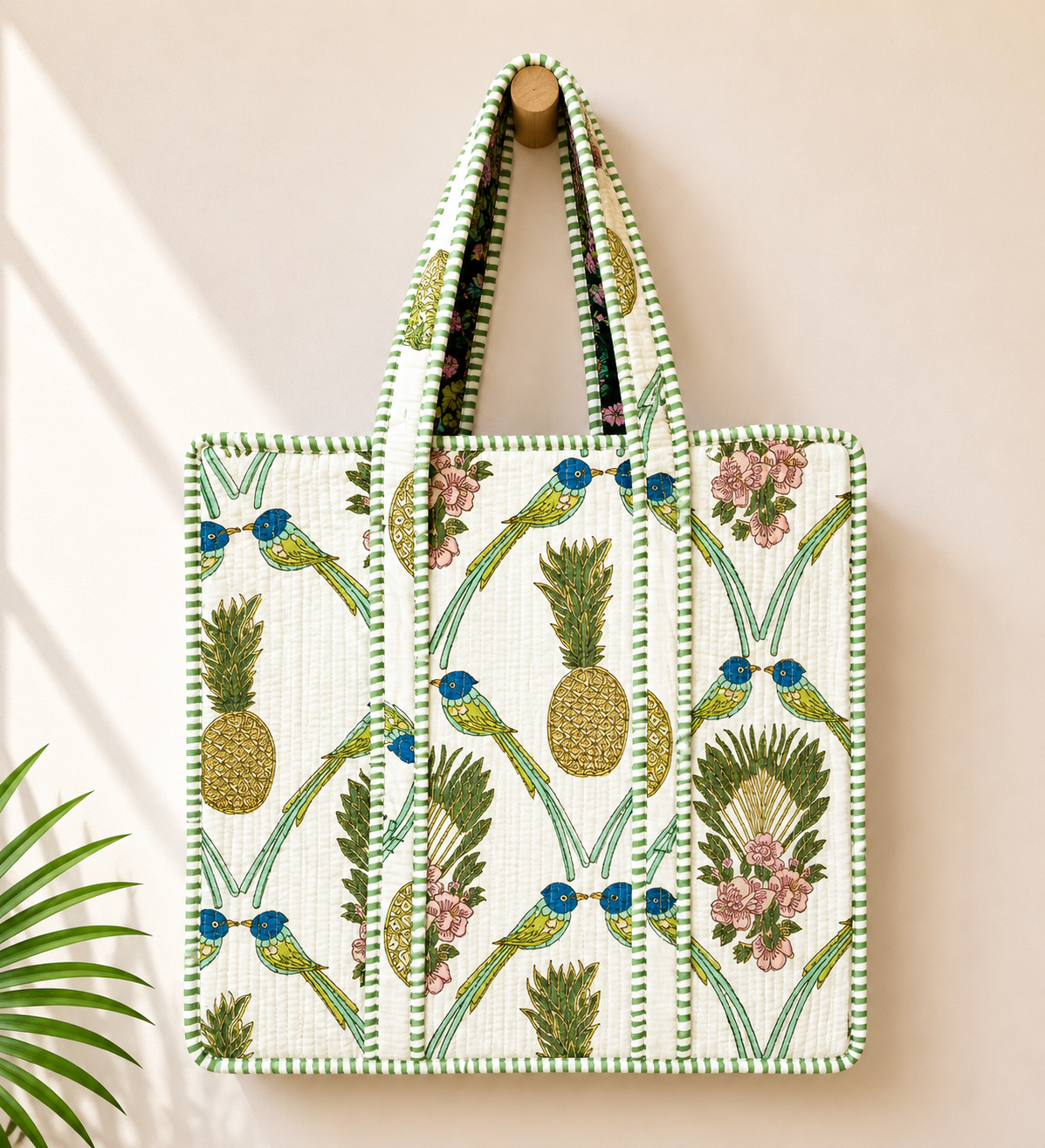 Quilted Cotton Zipper Tote Bag - Pure Hand Block Print - Exclusive Design - M.R. Saree Emporium