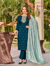 Aanchi Dhavani Vichitra Silk Kurti Pant Dupatta Set - 4 PCS Catalog - Designer Embroidered Ethnic Wear - M.R. Saree Emporium