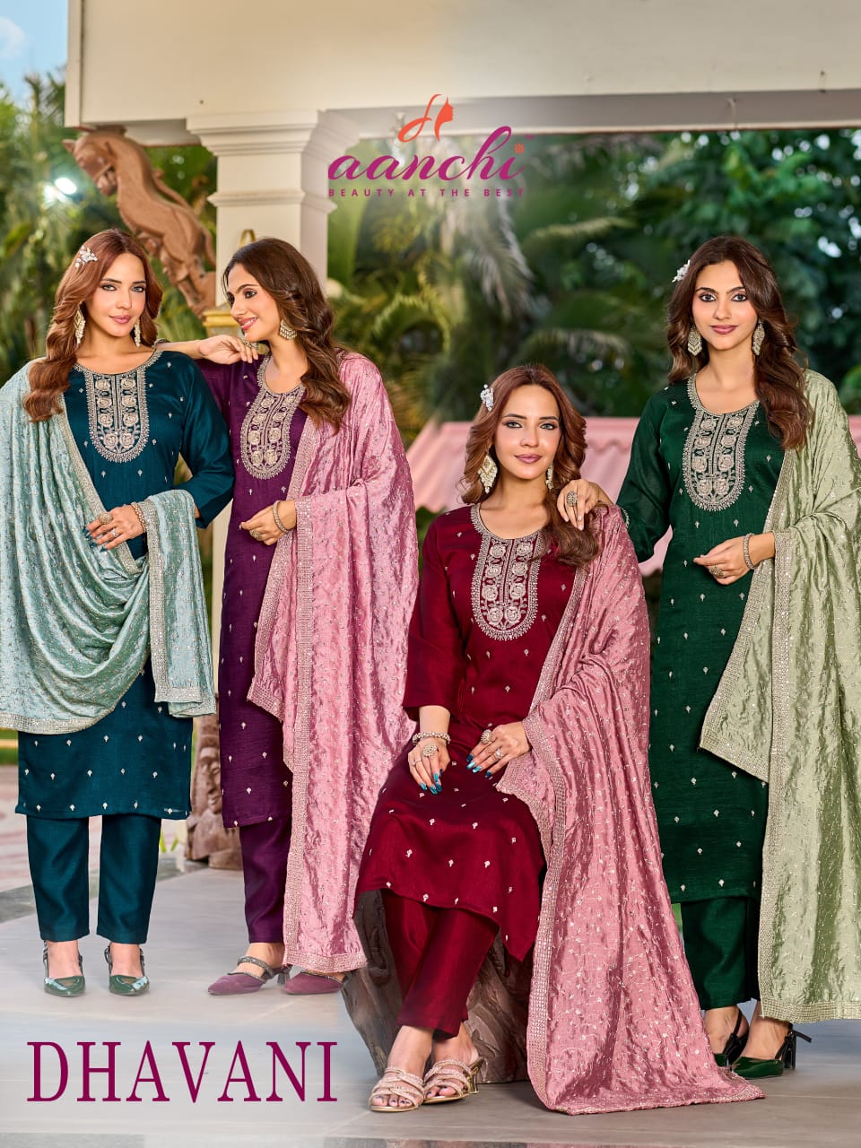 Aanchi Dhavani Vichitra Silk Kurti Pant Dupatta Set - 4 PCS Catalog - Designer Embroidered Ethnic Wear - M.R. Saree Emporium