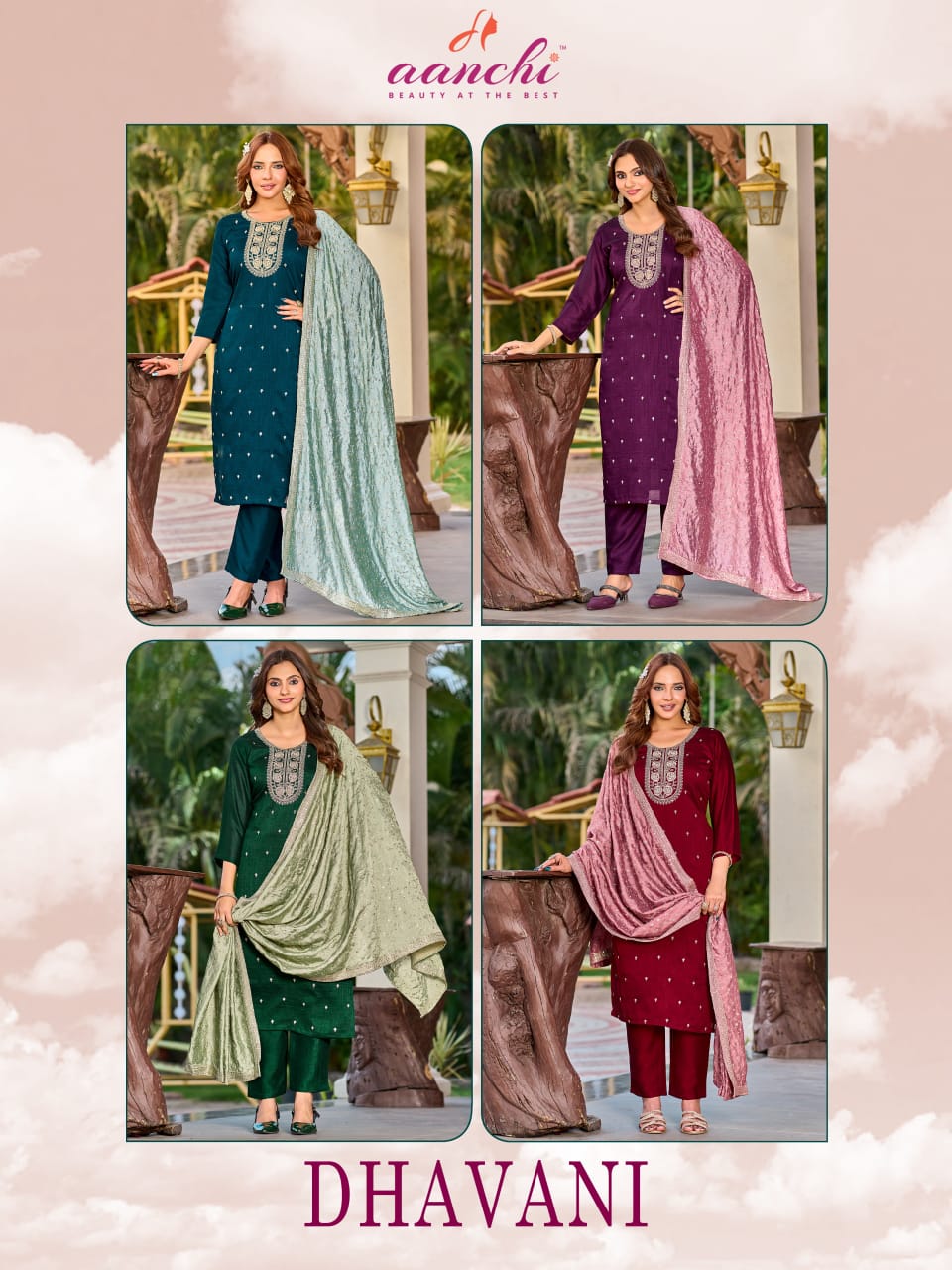 Aanchi Dhavani Vichitra Silk Kurti Pant Dupatta Set - 4 PCS Catalog - Designer Embroidered Ethnic Wear - M.R. Saree Emporium