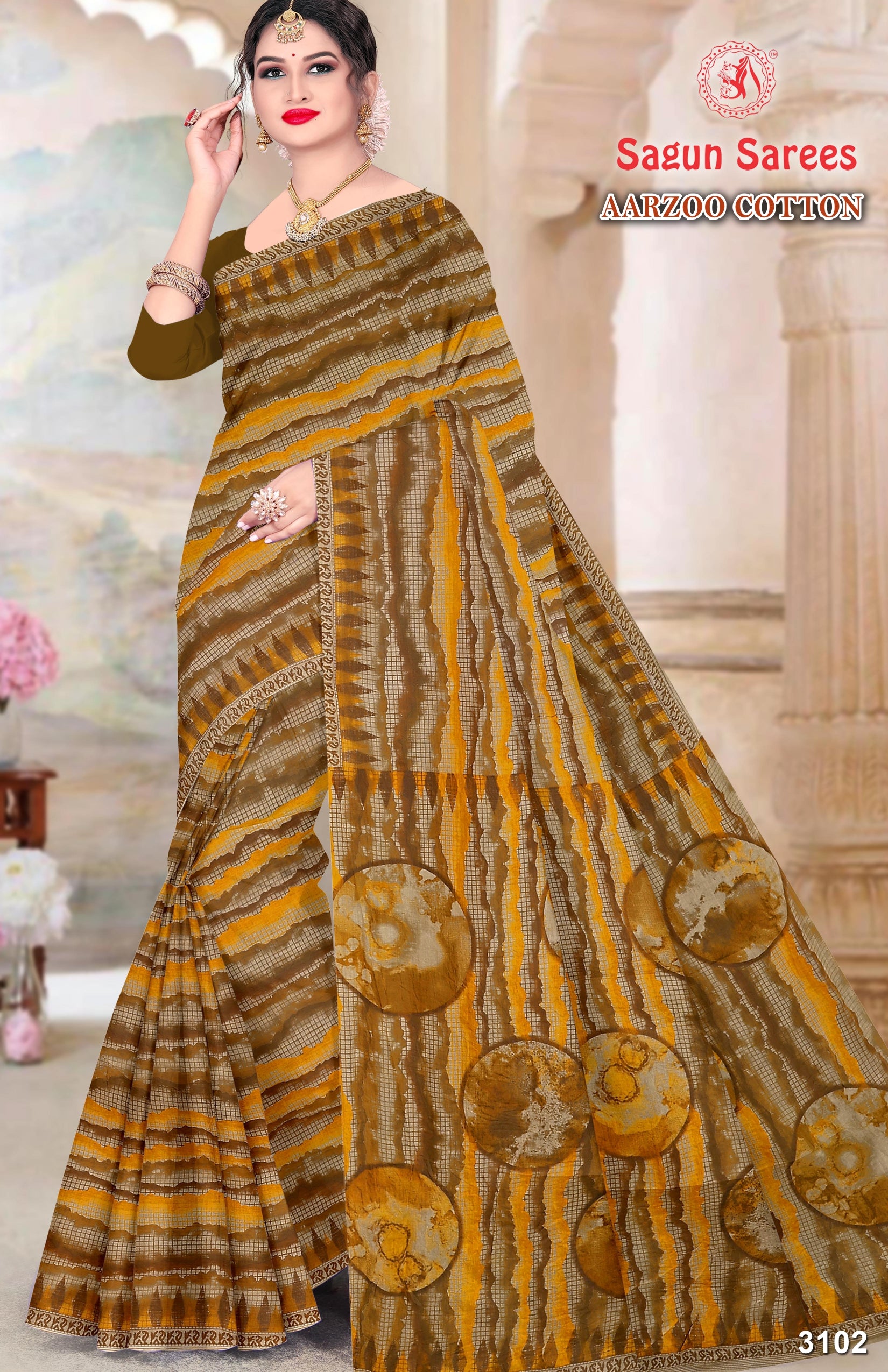AARZOO COTTON Soft Cotton Printed Saree with Designer Pallu - 8 Pcs Set