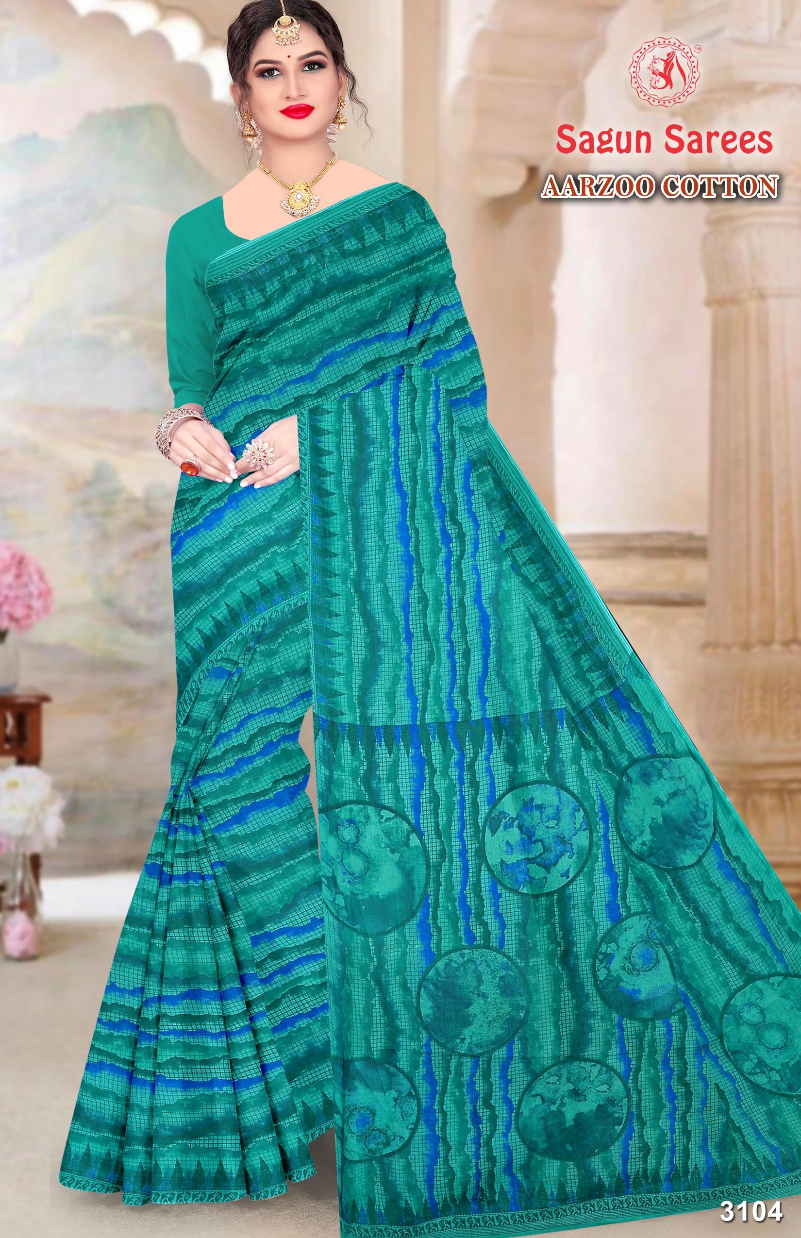 AARZOO COTTON Soft Cotton Printed Saree with Designer Pallu - 8 Pcs Set