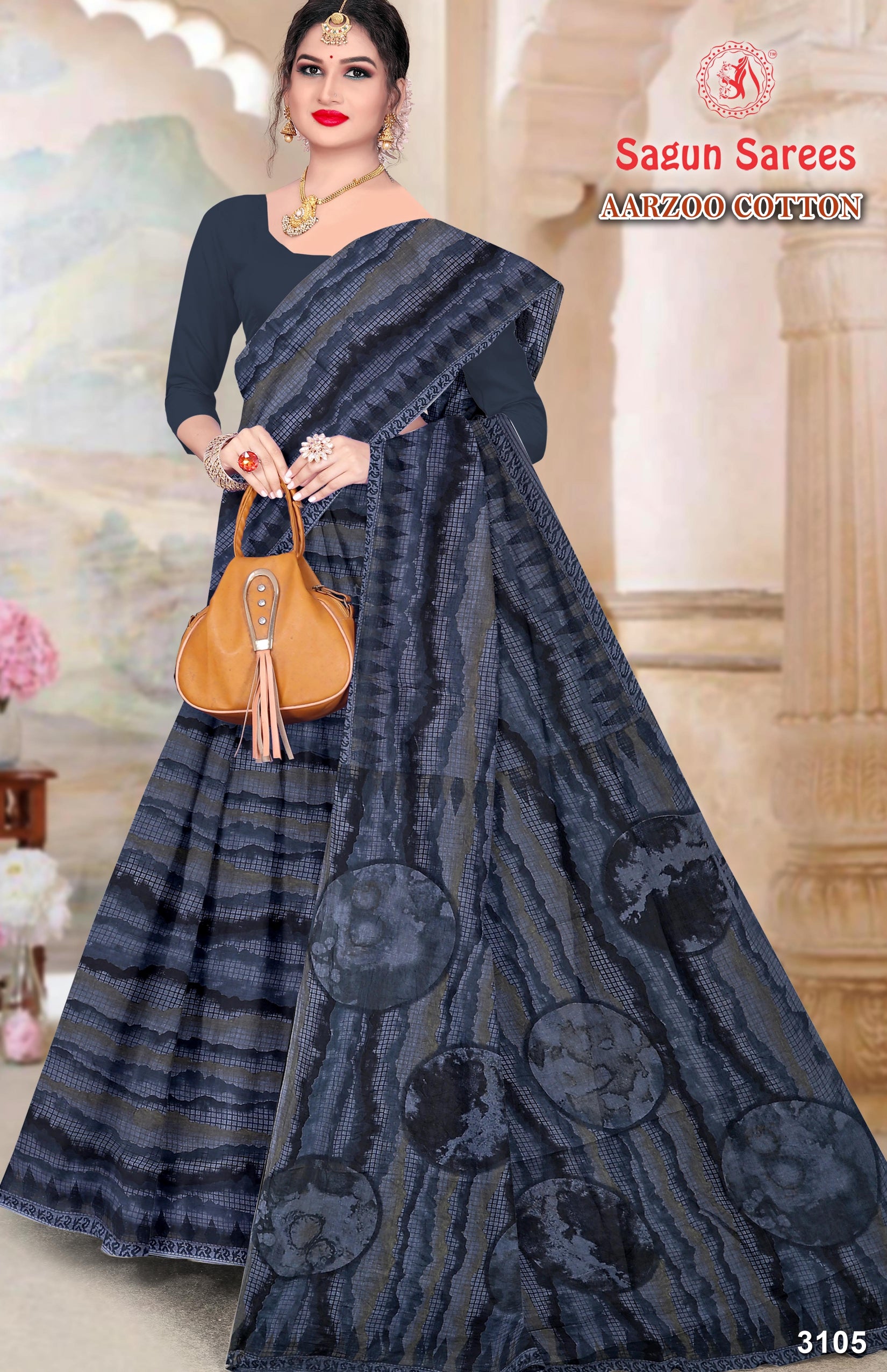 AARZOO COTTON Soft Cotton Printed Saree with Designer Pallu - 8 Pcs Set